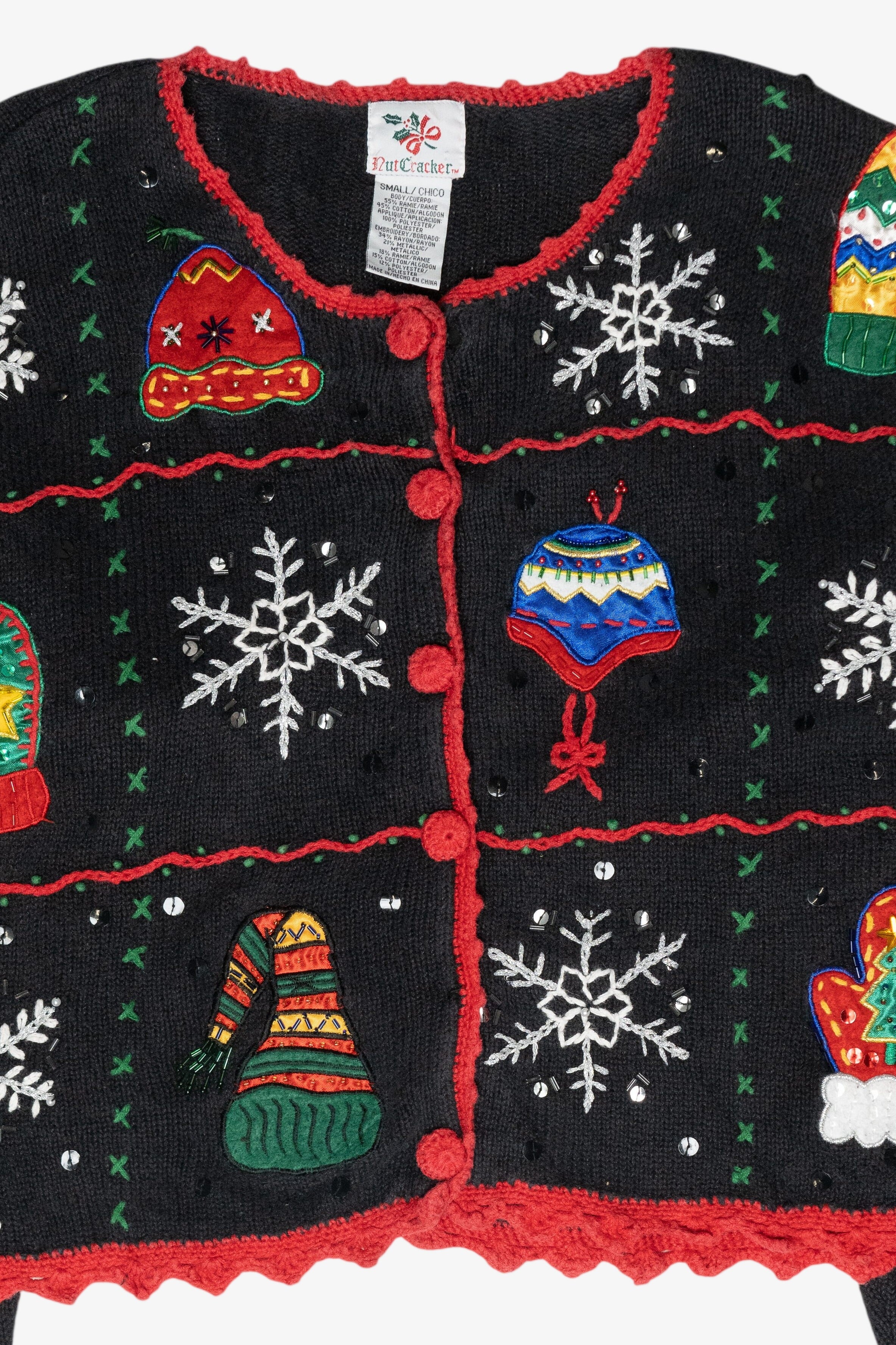 Hats and Mittens Crochet Trim Vintage Ugly Christmas Sweater (1990s)