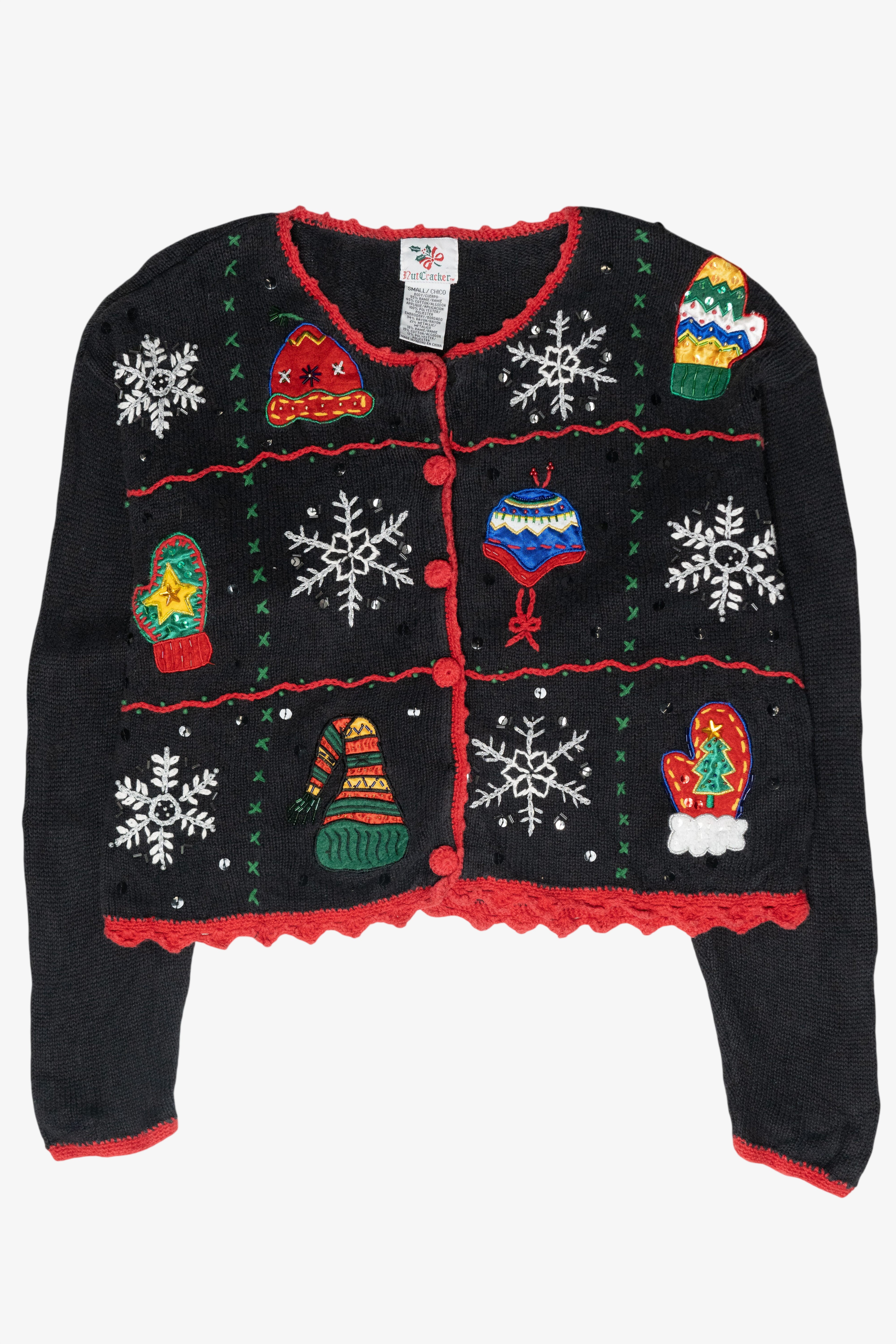 Hats and Mittens Crochet Trim Vintage Ugly Christmas Sweater (1990s)