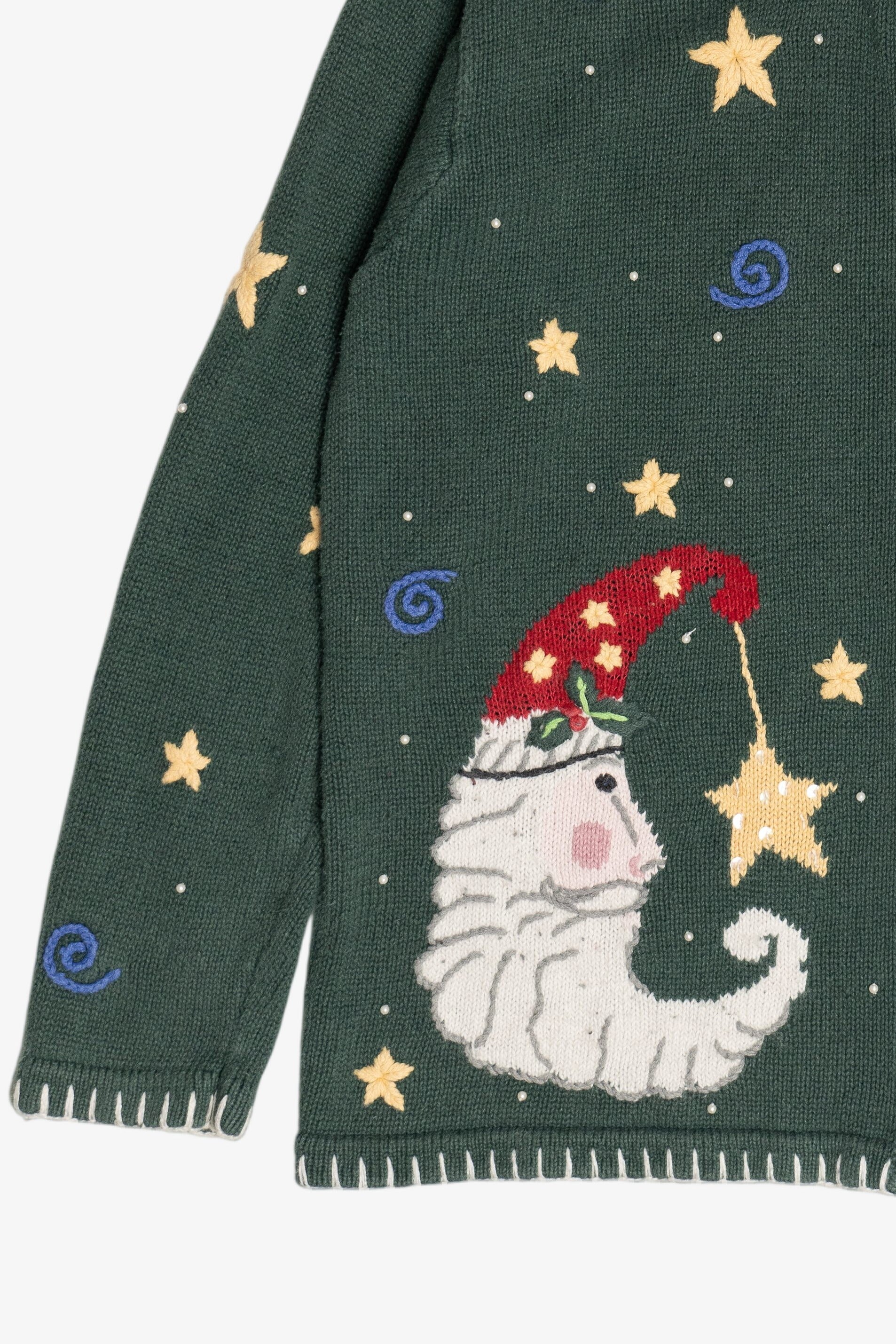 Vintage Whimsical Santa Moon Stars & Swirls Ugly Christmas Cardigan (1990s)