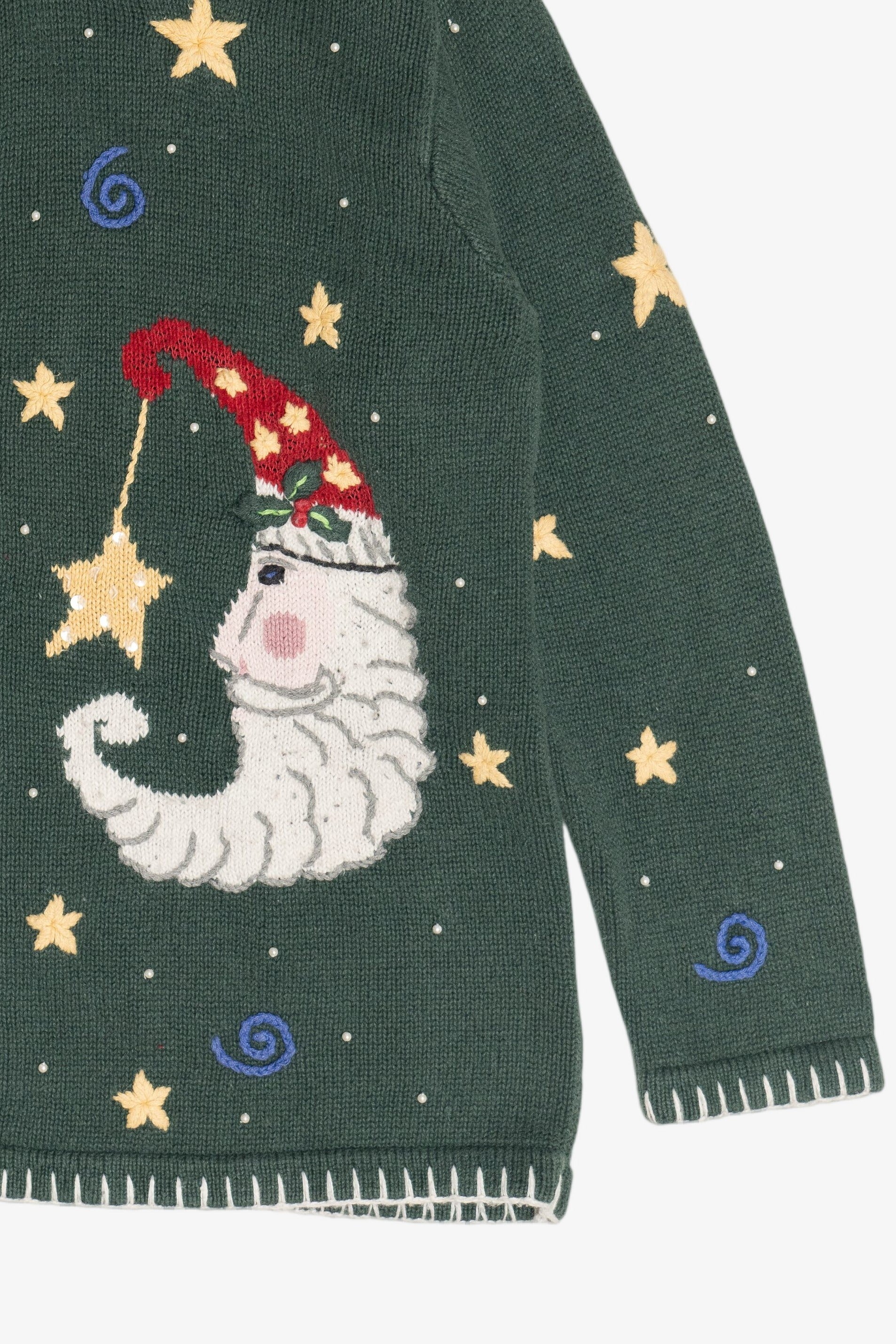 Vintage Whimsical Santa Moon Stars & Swirls Ugly Christmas Cardigan (1990s)