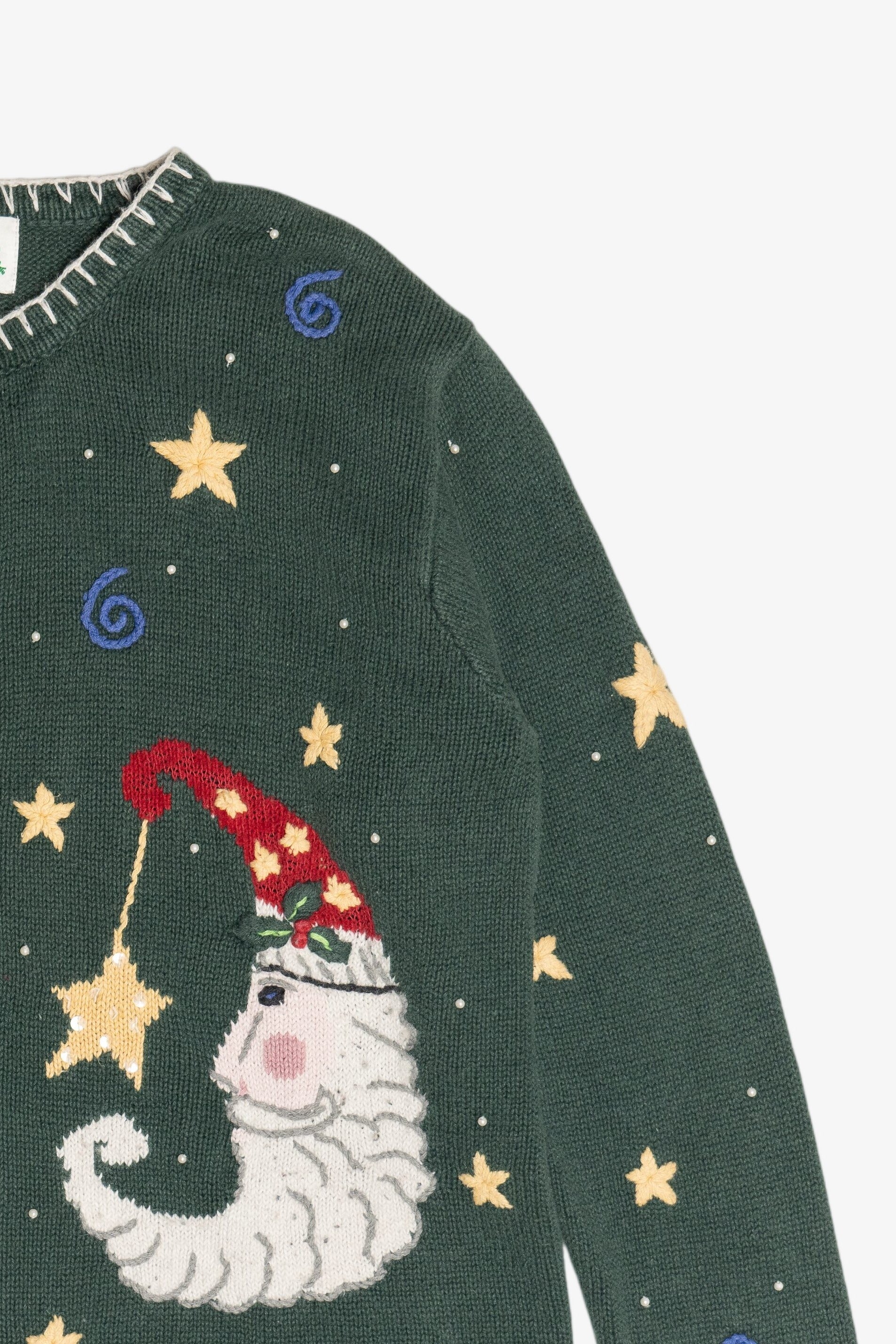 Vintage Whimsical Santa Moon Stars & Swirls Ugly Christmas Cardigan (1990s)