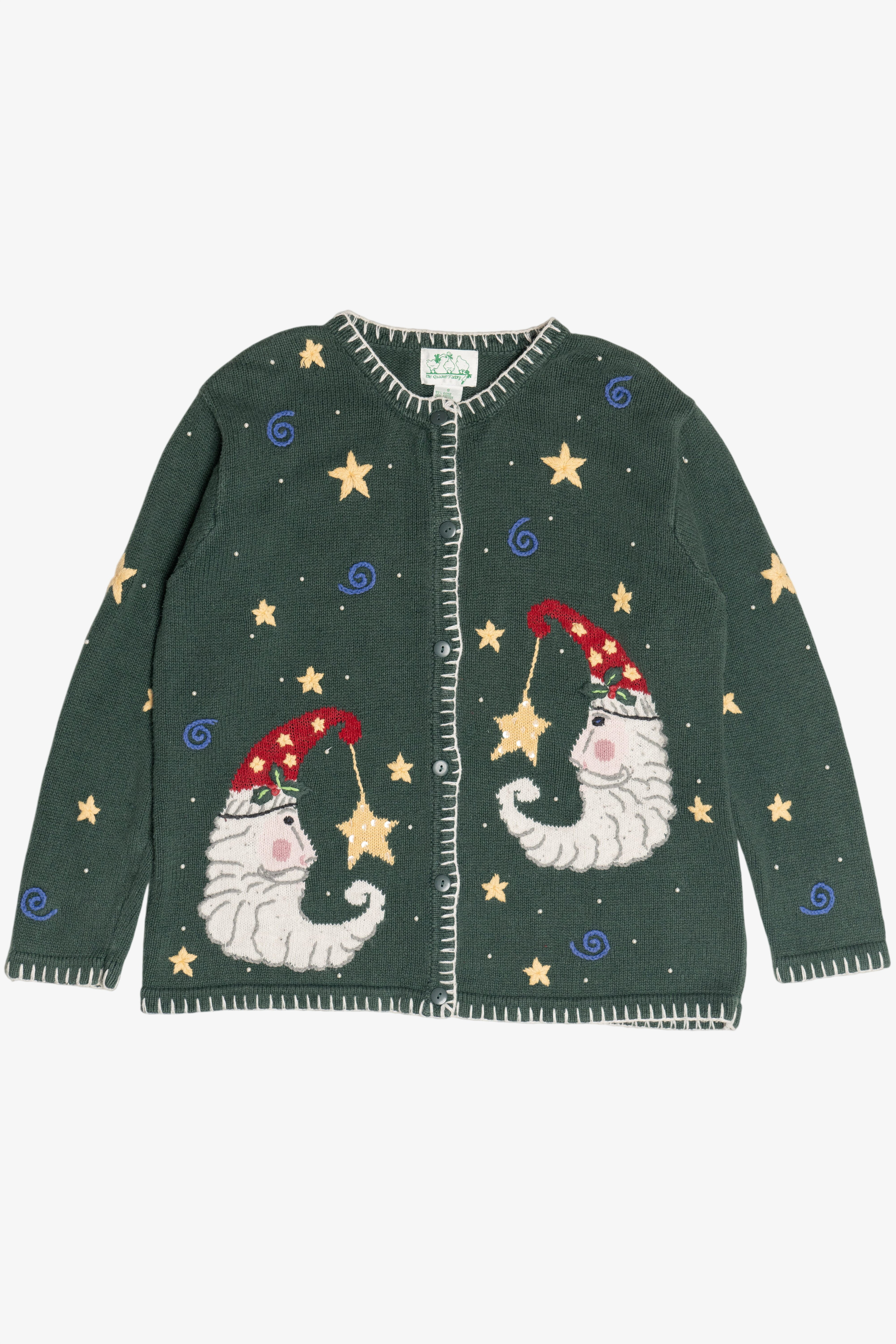Vintage Whimsical Santa Moon Stars & Swirls Ugly Christmas Cardigan (1990s)