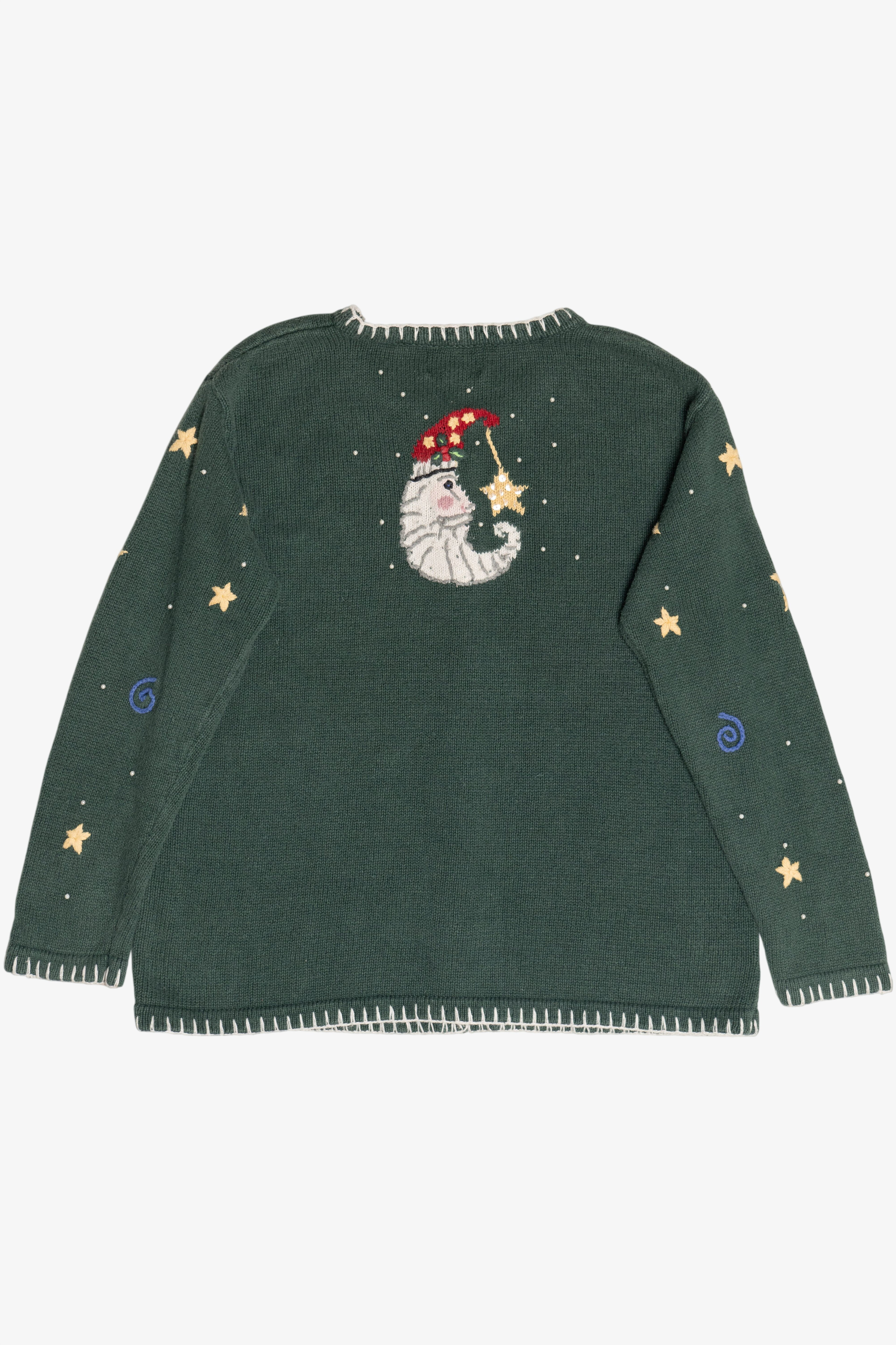 Vintage Whimsical Santa Moon Stars & Swirls Ugly Christmas Cardigan (1990s)