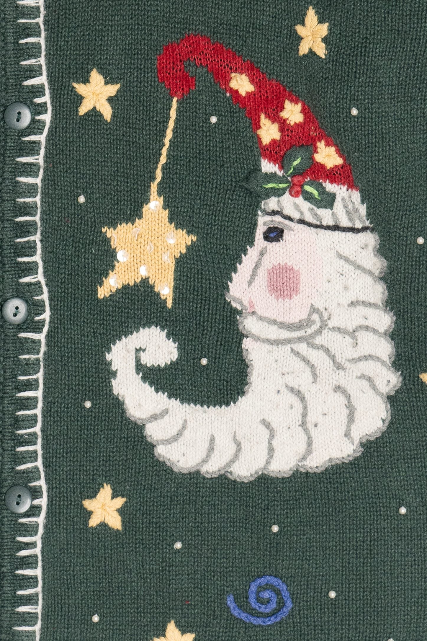 Vintage Whimsical Santa Moon Stars & Swirls Ugly Christmas Cardigan (1990s)