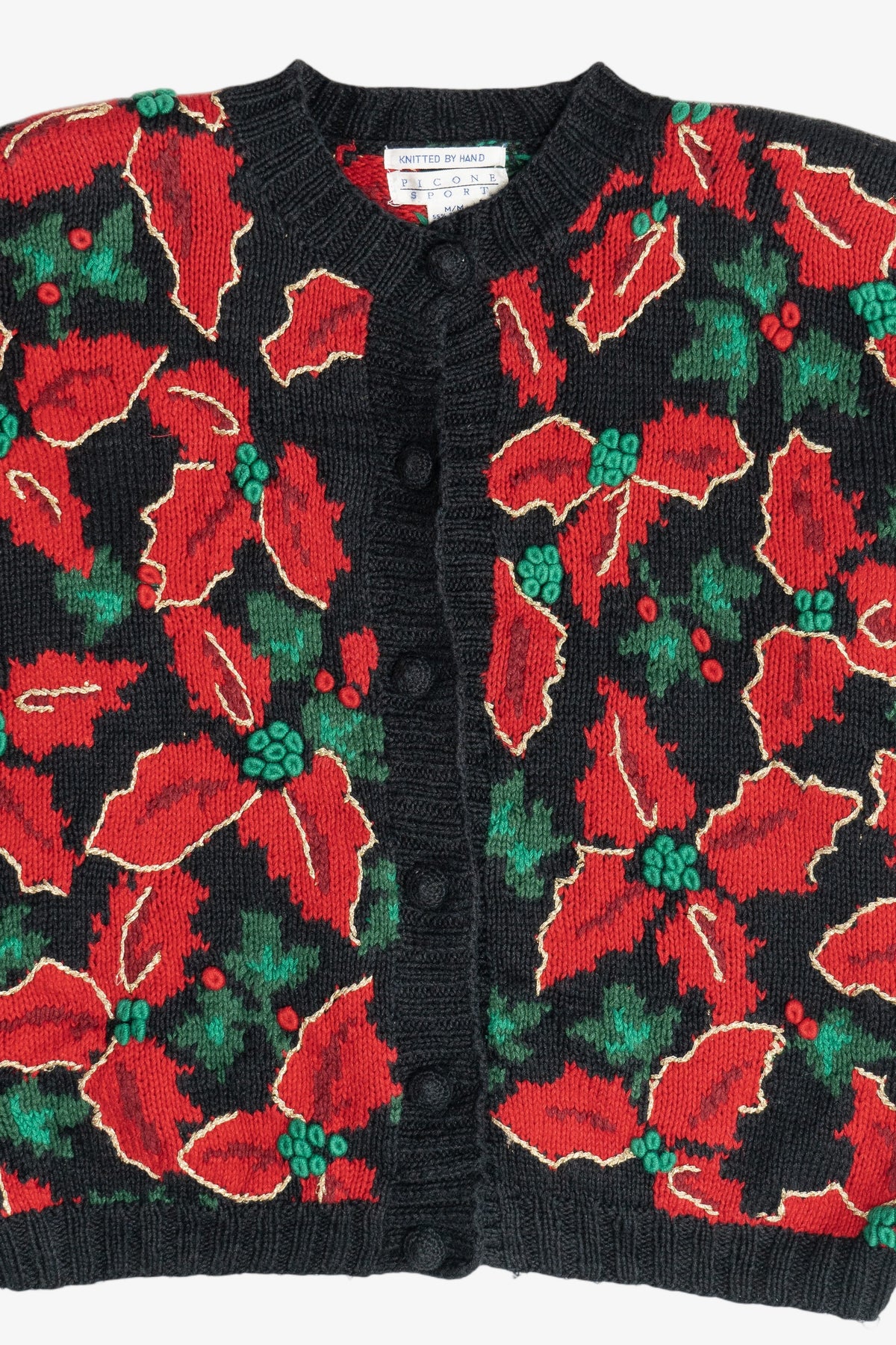 Vintage Hand Knit Poinsettia Ugly Christmas Sweater (1990s)