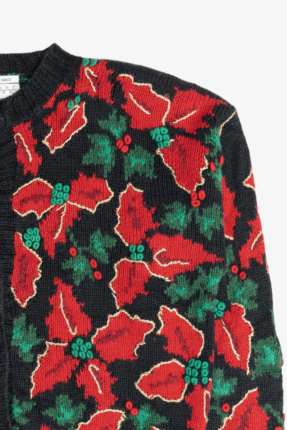 Vintage Hand Knit Poinsettia Ugly Christmas Sweater (1990s)