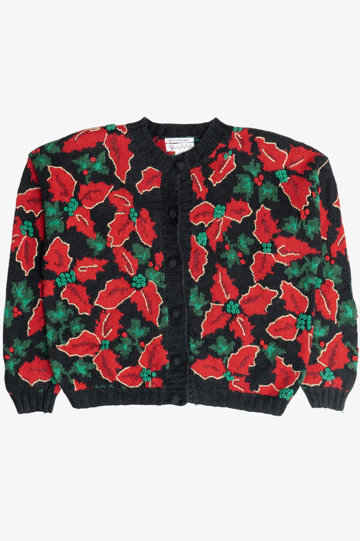 Vintage Hand Knit Poinsettia Ugly Christmas Sweater (1990s)