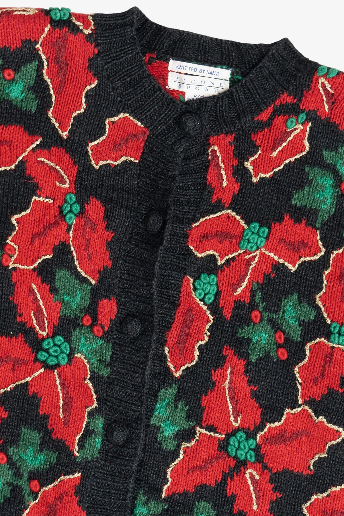 Vintage Hand Knit Poinsettia Ugly Christmas Sweater (1990s)