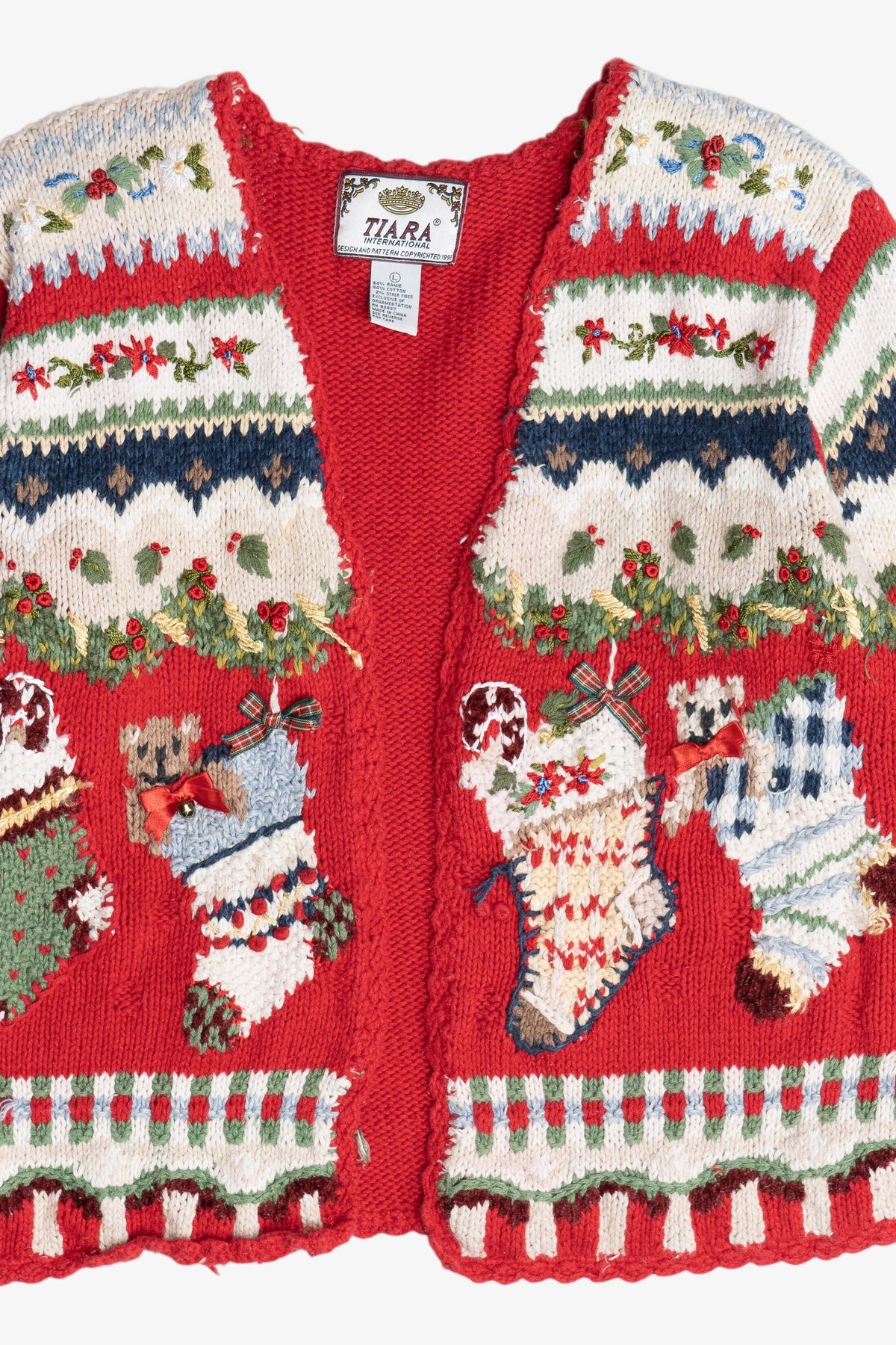 Vintage Stockings Open Front Cardigan Ugly Christmas Sweater (1990s)