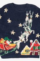 Vintage Navy Blue Santa Flying Ugly Christmas Pullover (1990s)