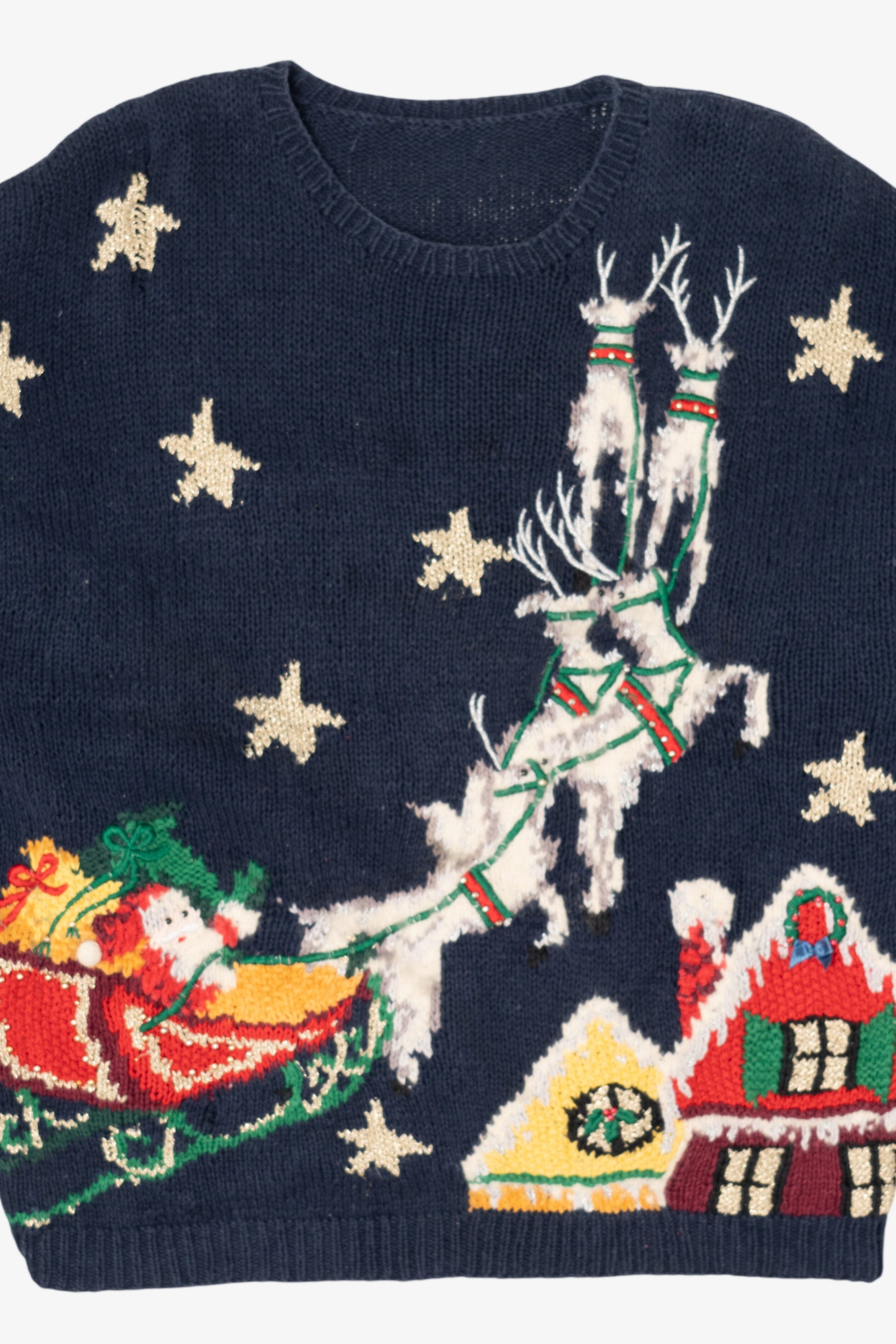 Vintage Navy Blue Santa Flying Ugly Christmas Pullover (1990s)