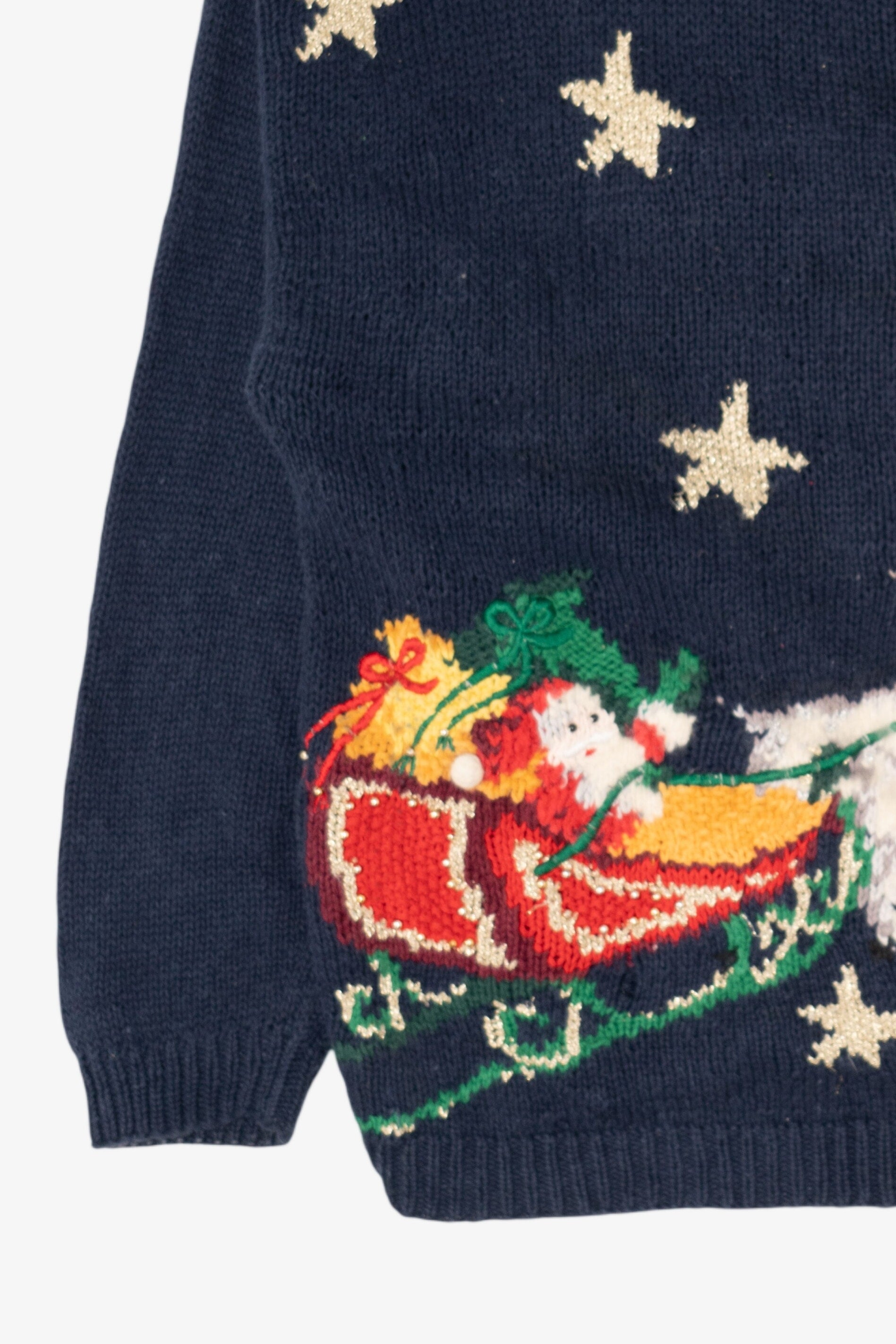 Vintage Navy Blue Santa Flying Ugly Christmas Pullover (1990s)
