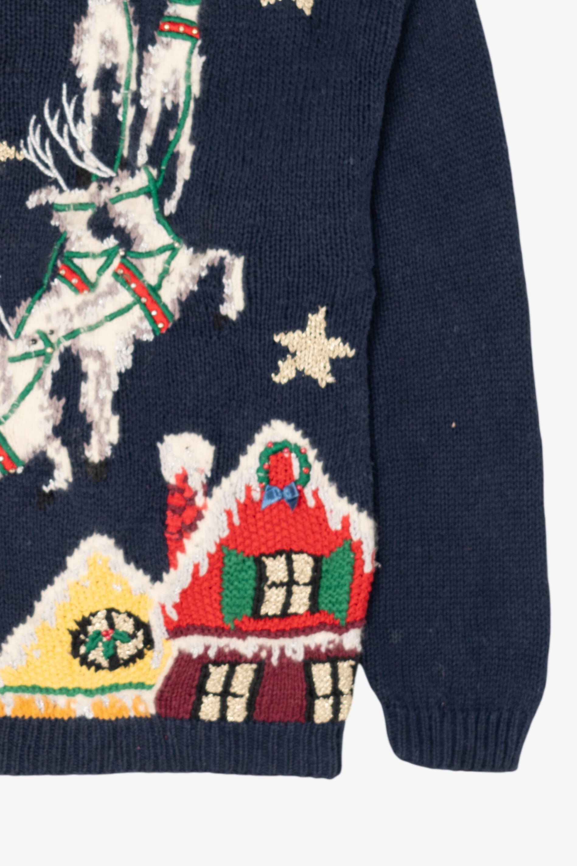 Vintage Navy Blue Santa Flying Ugly Christmas Pullover (1990s)