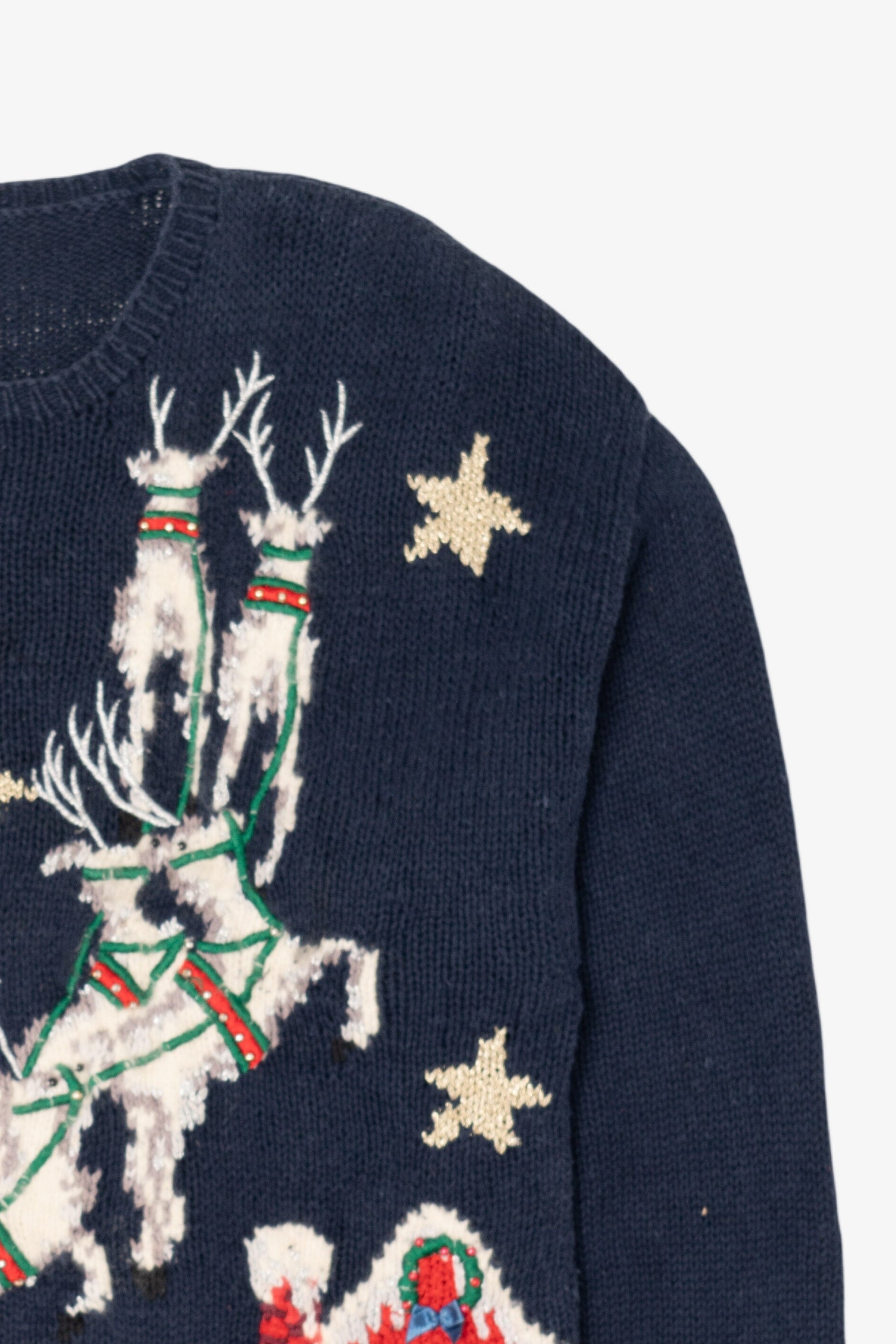 Vintage Navy Blue Santa Flying Ugly Christmas Pullover (1990s)