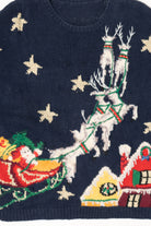 Vintage Navy Blue Santa Flying Ugly Christmas Pullover (1990s)
