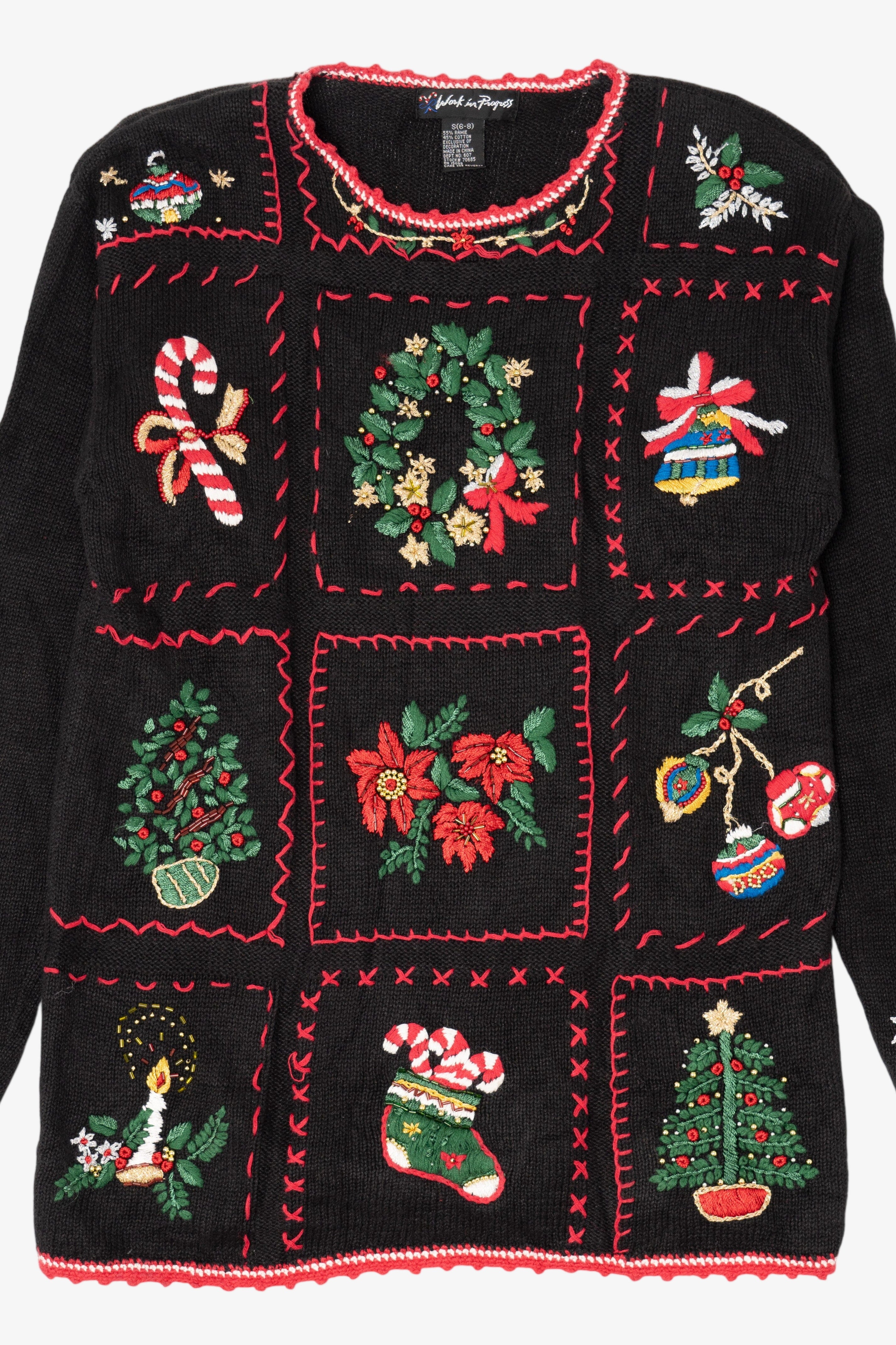 Vintage Black Work in Progress Ugly Christmas Pullover (1990s)