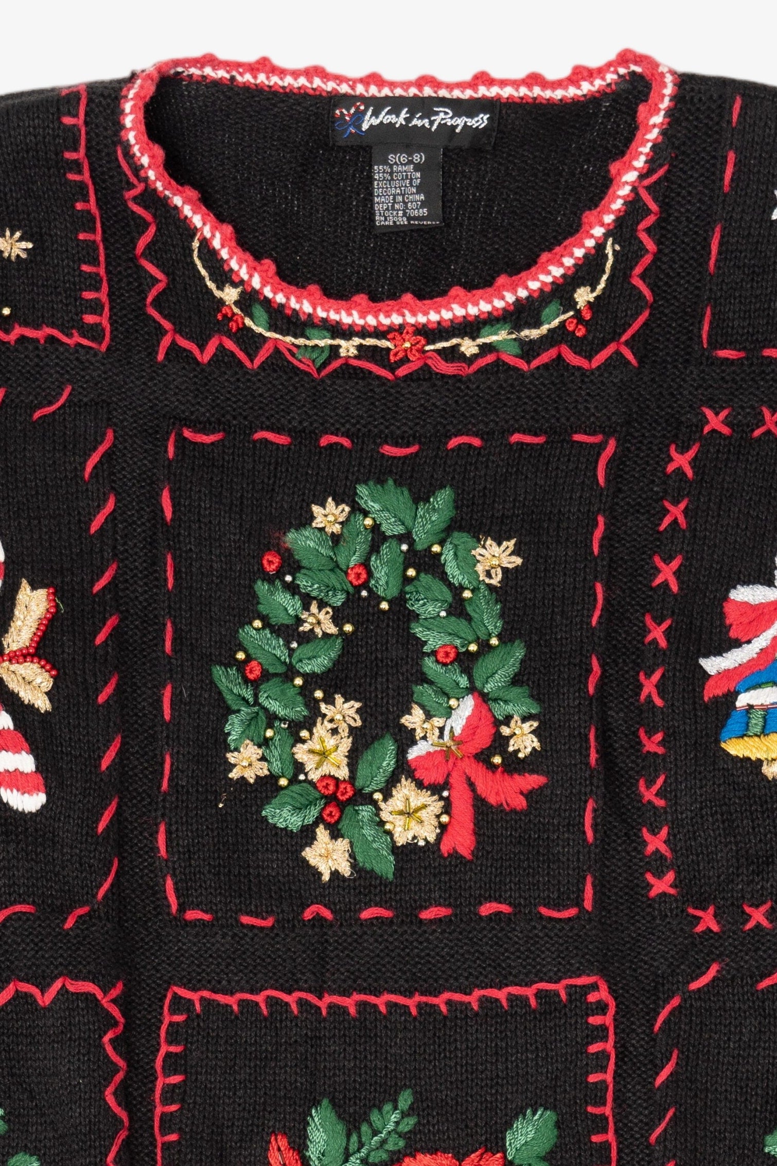 Vintage Black Work in Progress Ugly Christmas Pullover (1990s)