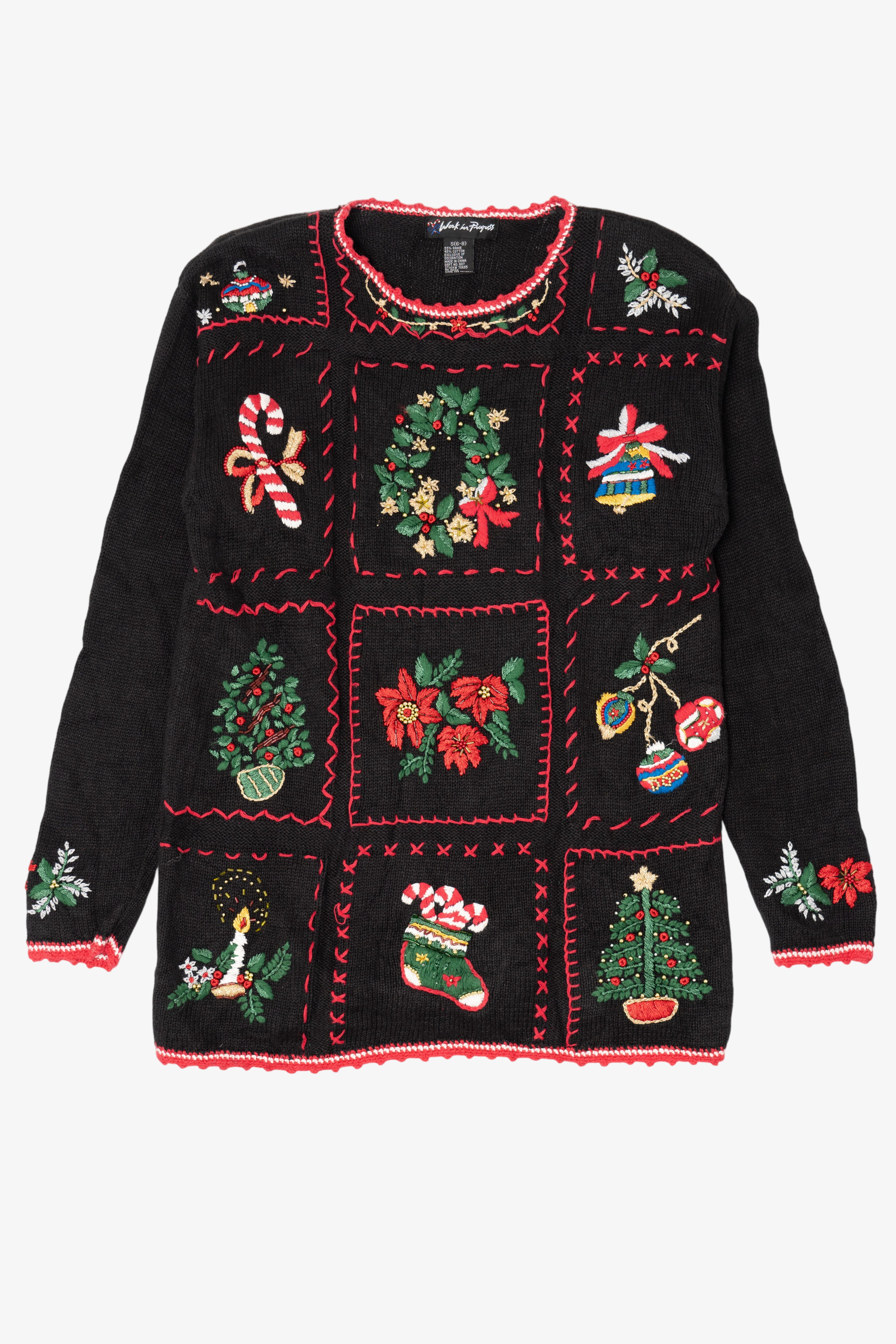 Vintage Black Work in Progress Ugly Christmas Pullover (1990s)