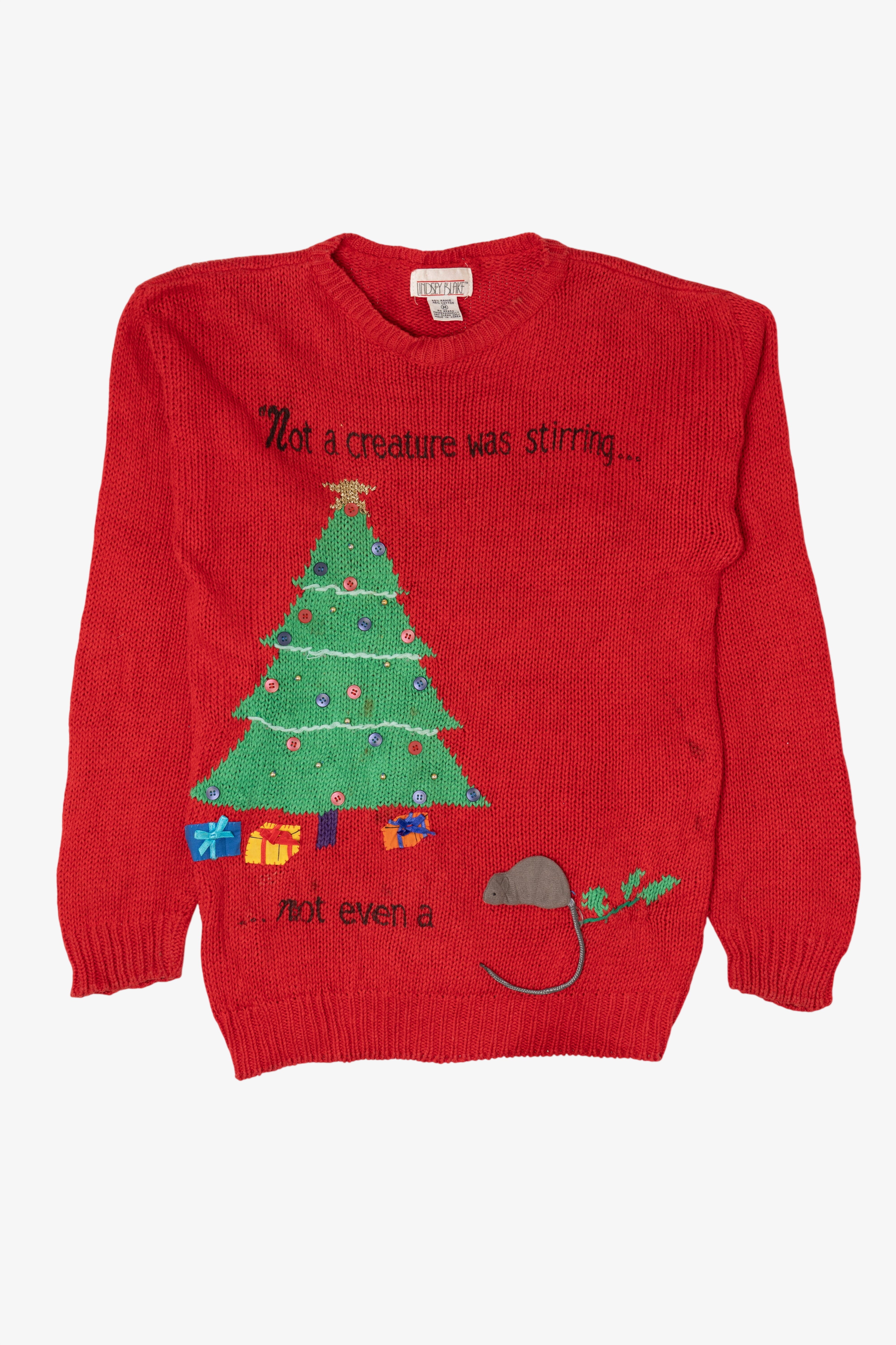 Vintage Red Lindsey Blake "Not Even A Mouse" Ugly Christmas Pullover (1990s)