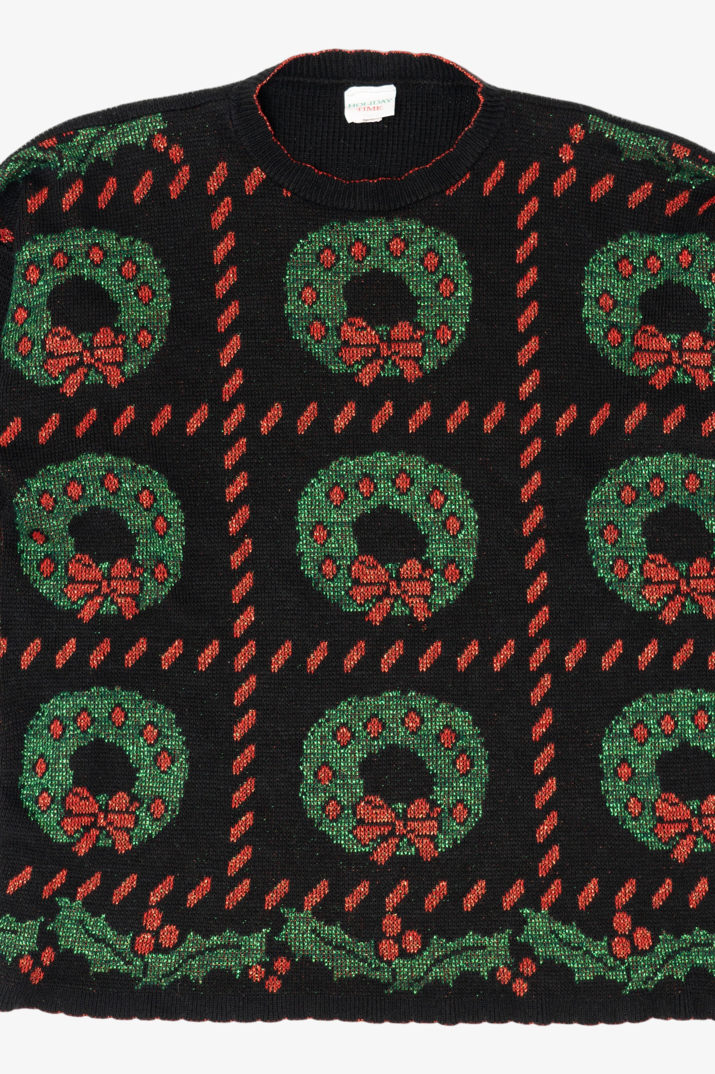 Vintage Black Holiday Time Wreaths Ugly Christmas Pullover (1980s)
