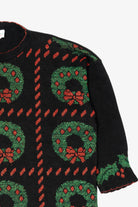 Vintage Black Holiday Time Wreaths Ugly Christmas Pullover (1980s)