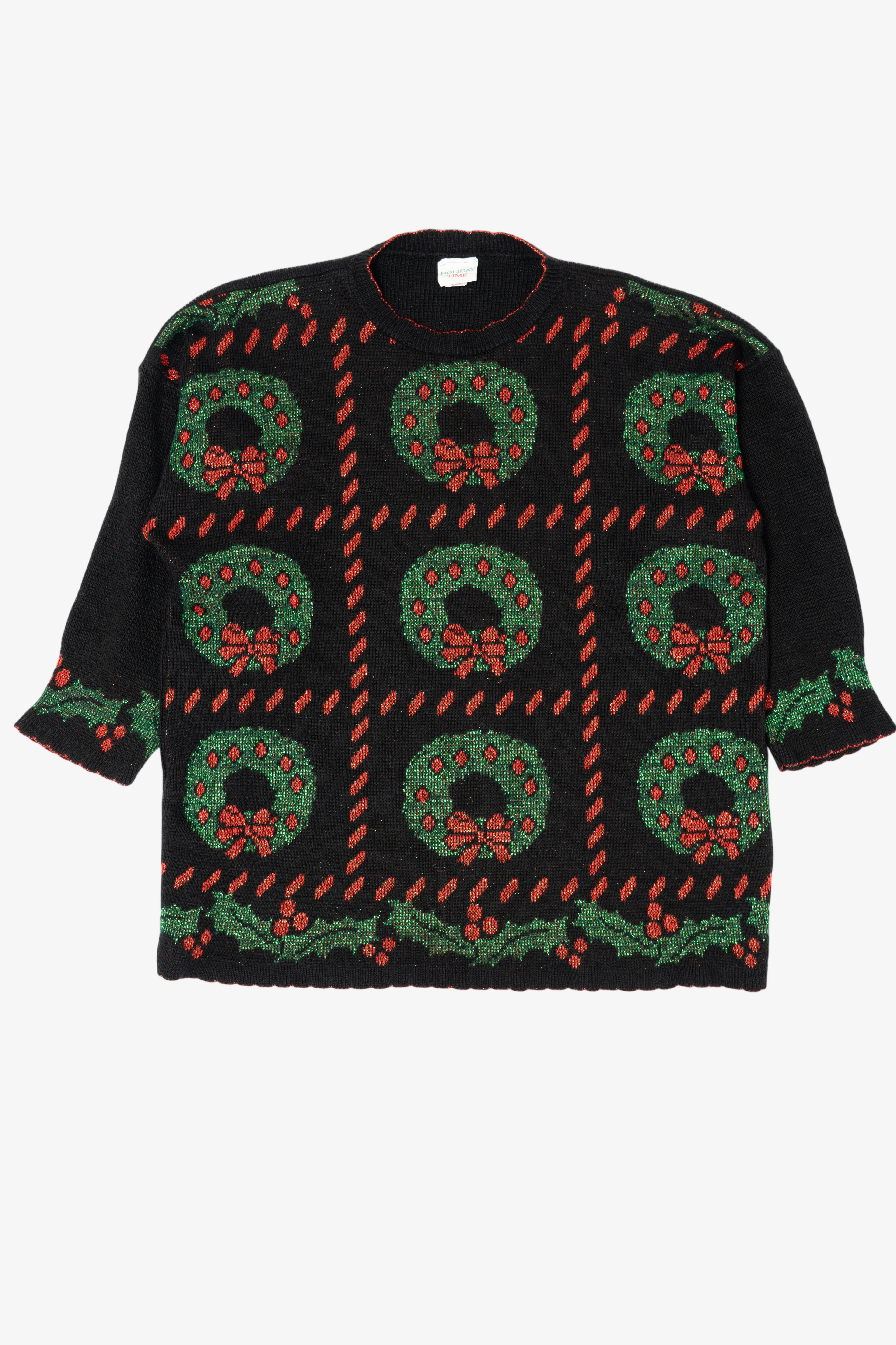 Vintage Black Holiday Time Wreaths Ugly Christmas Pullover (1980s)