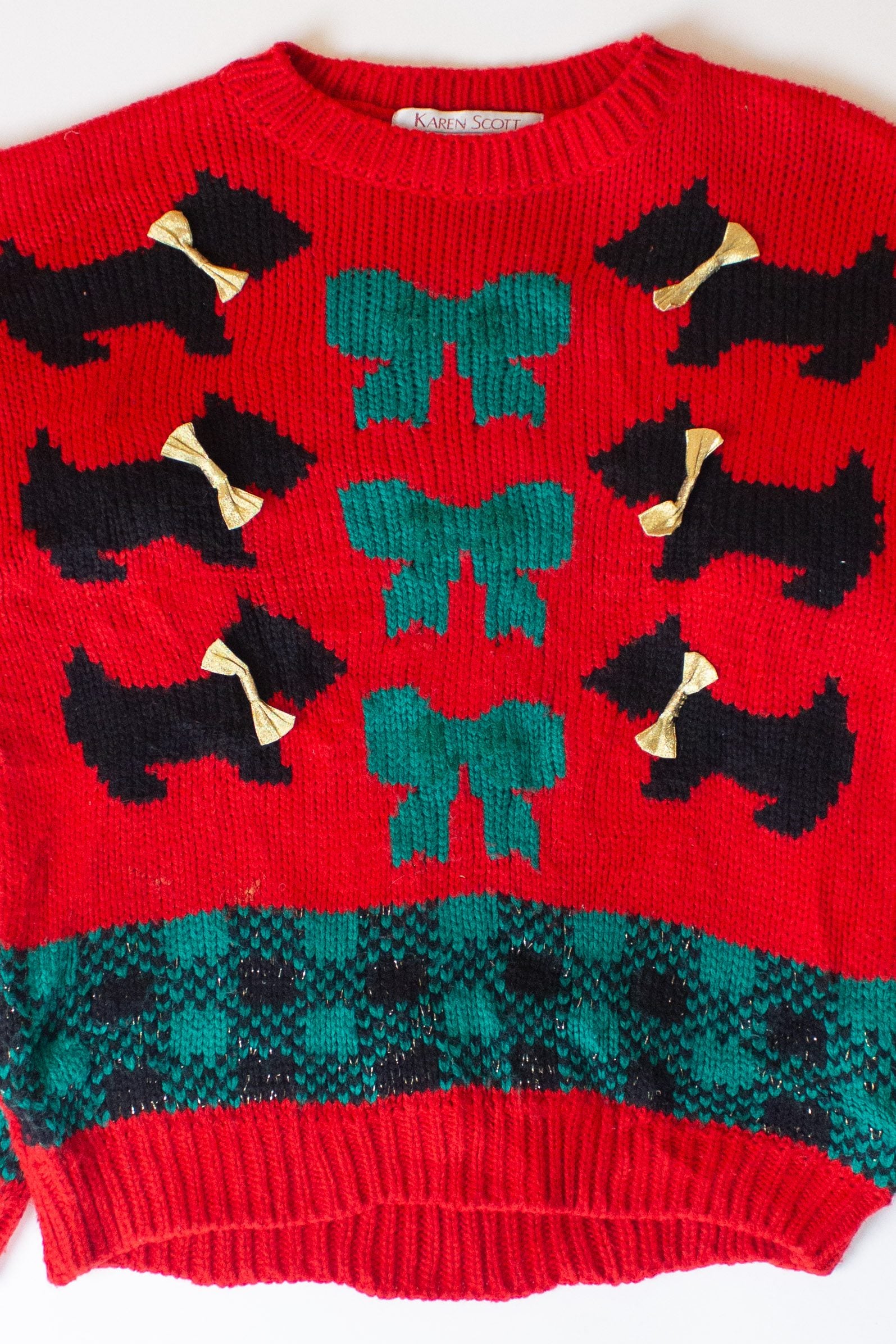 Vintage Red Bows & Terriers Christmas Sweater (1990s)