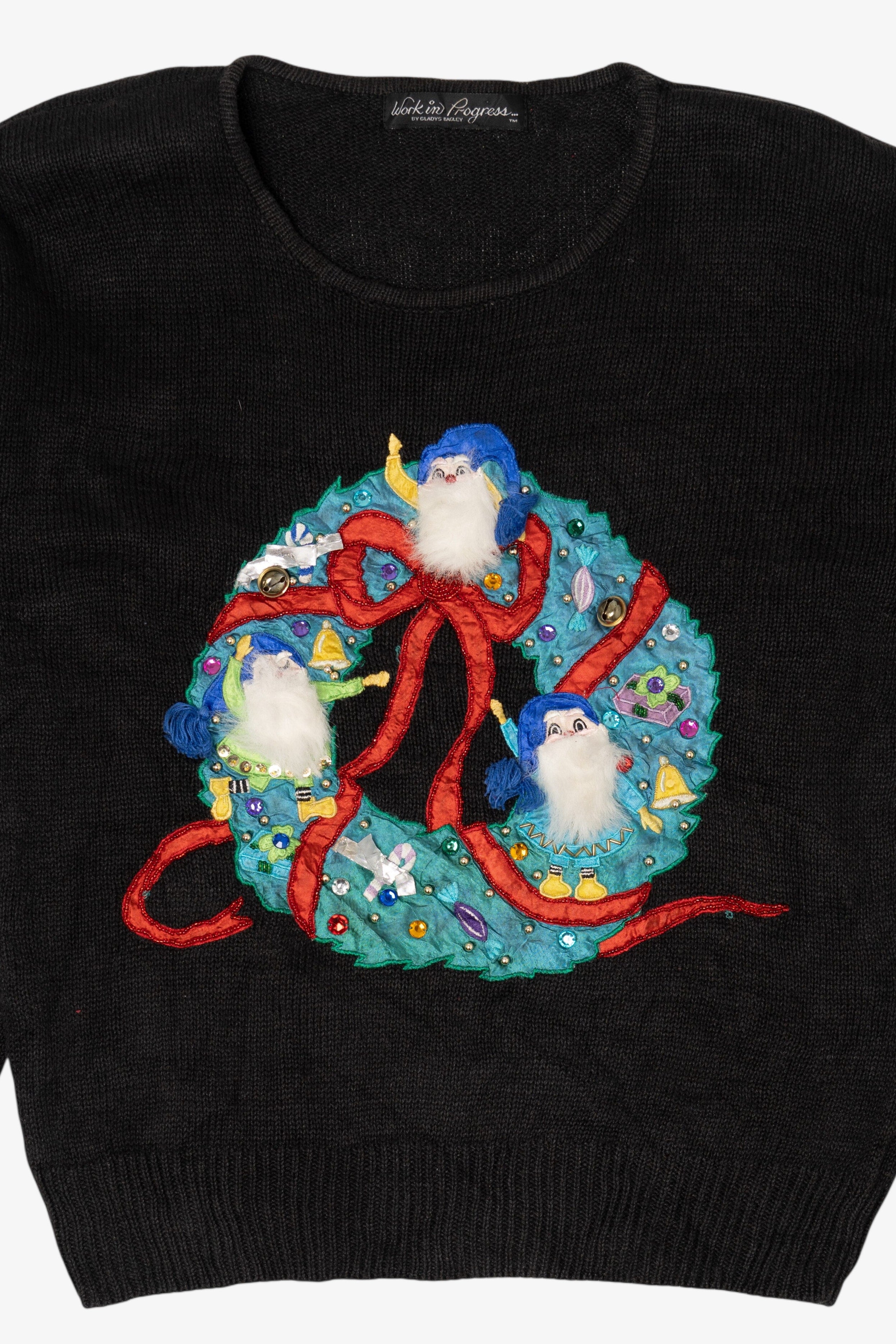 Vintage Black Work in Progress Elves In Wreath Ugly Christmas Pullover (2000s)