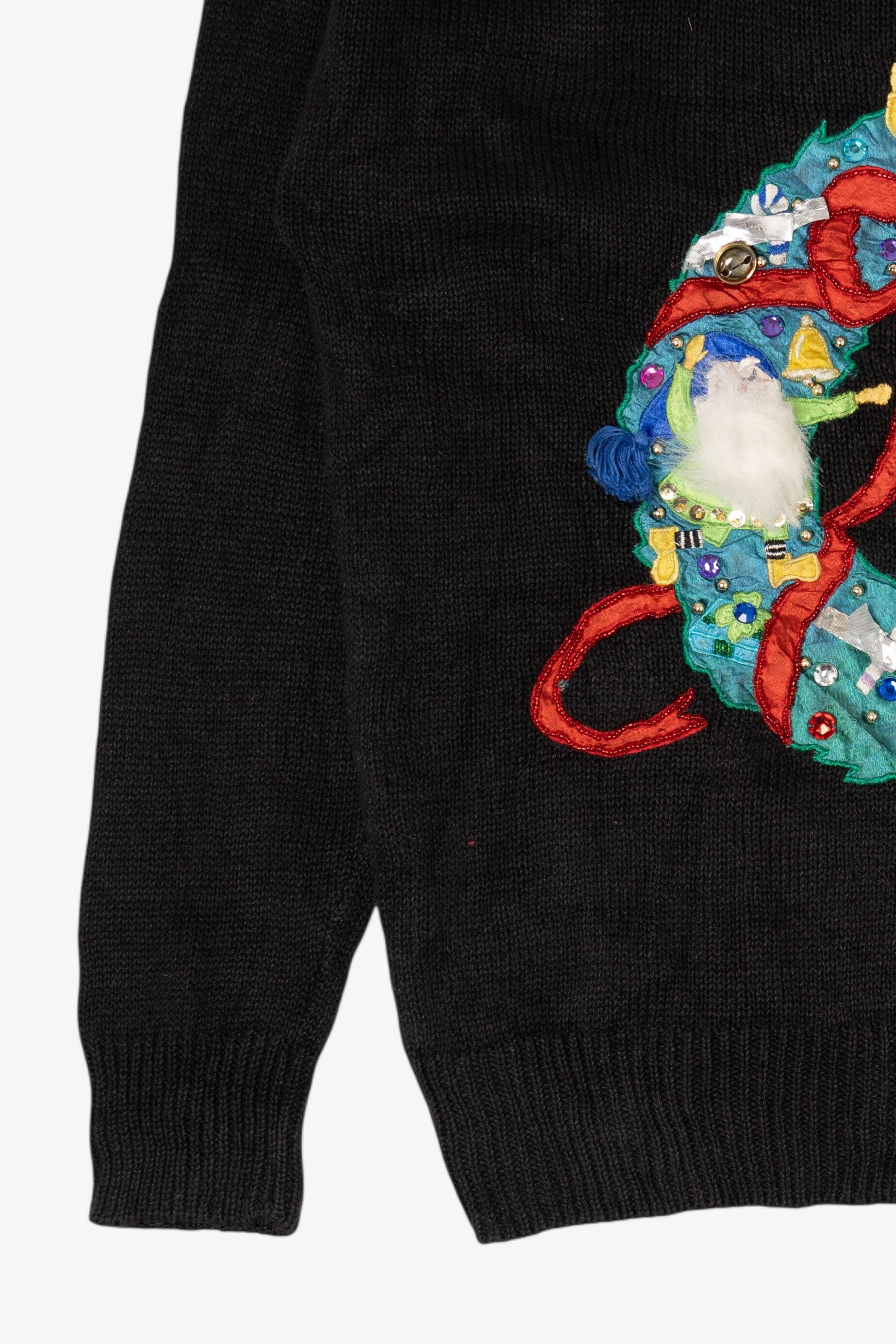 Vintage Black Work in Progress Elves In Wreath Ugly Christmas Pullover (2000s)