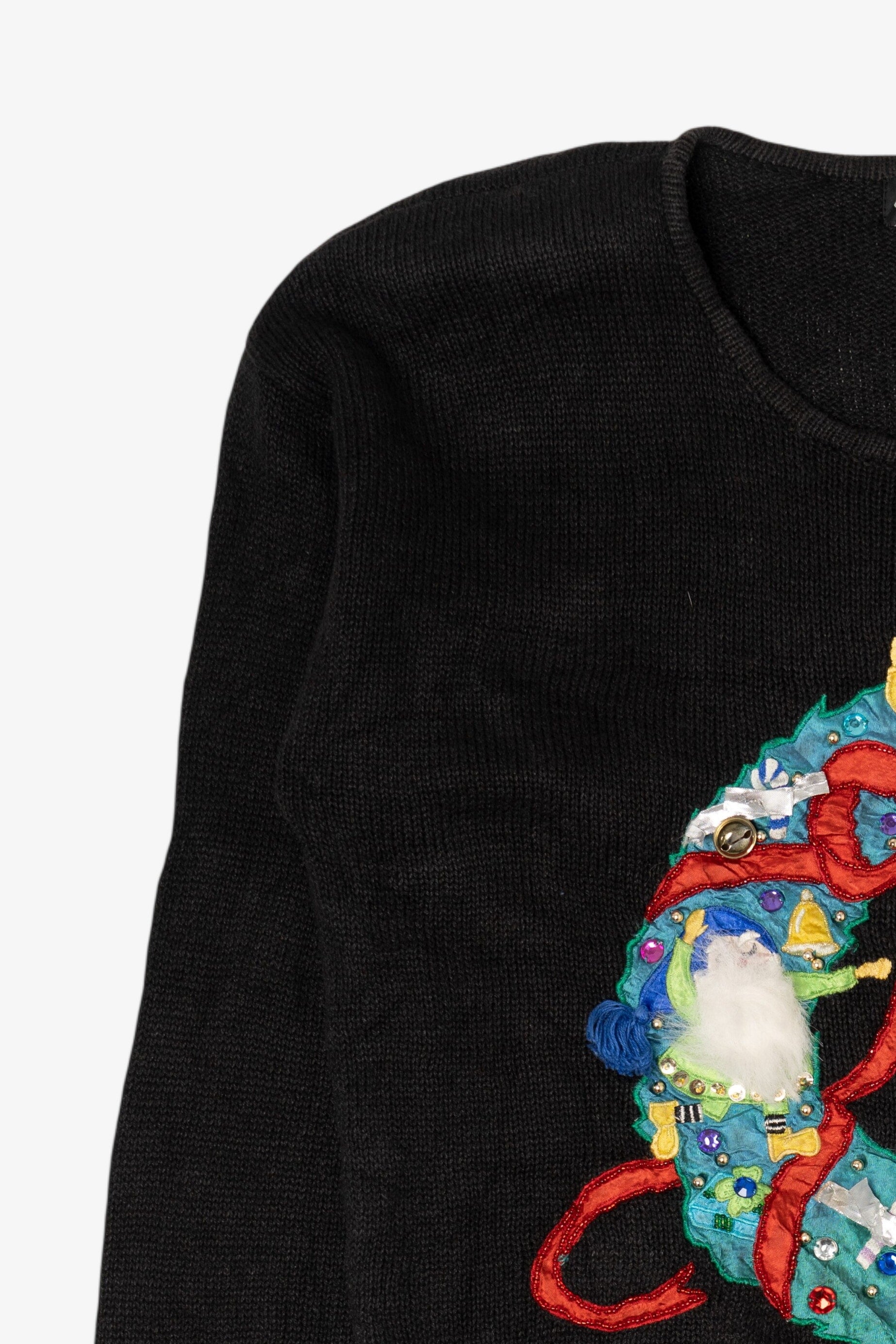 Vintage Black Work in Progress Elves In Wreath Ugly Christmas Pullover (2000s)
