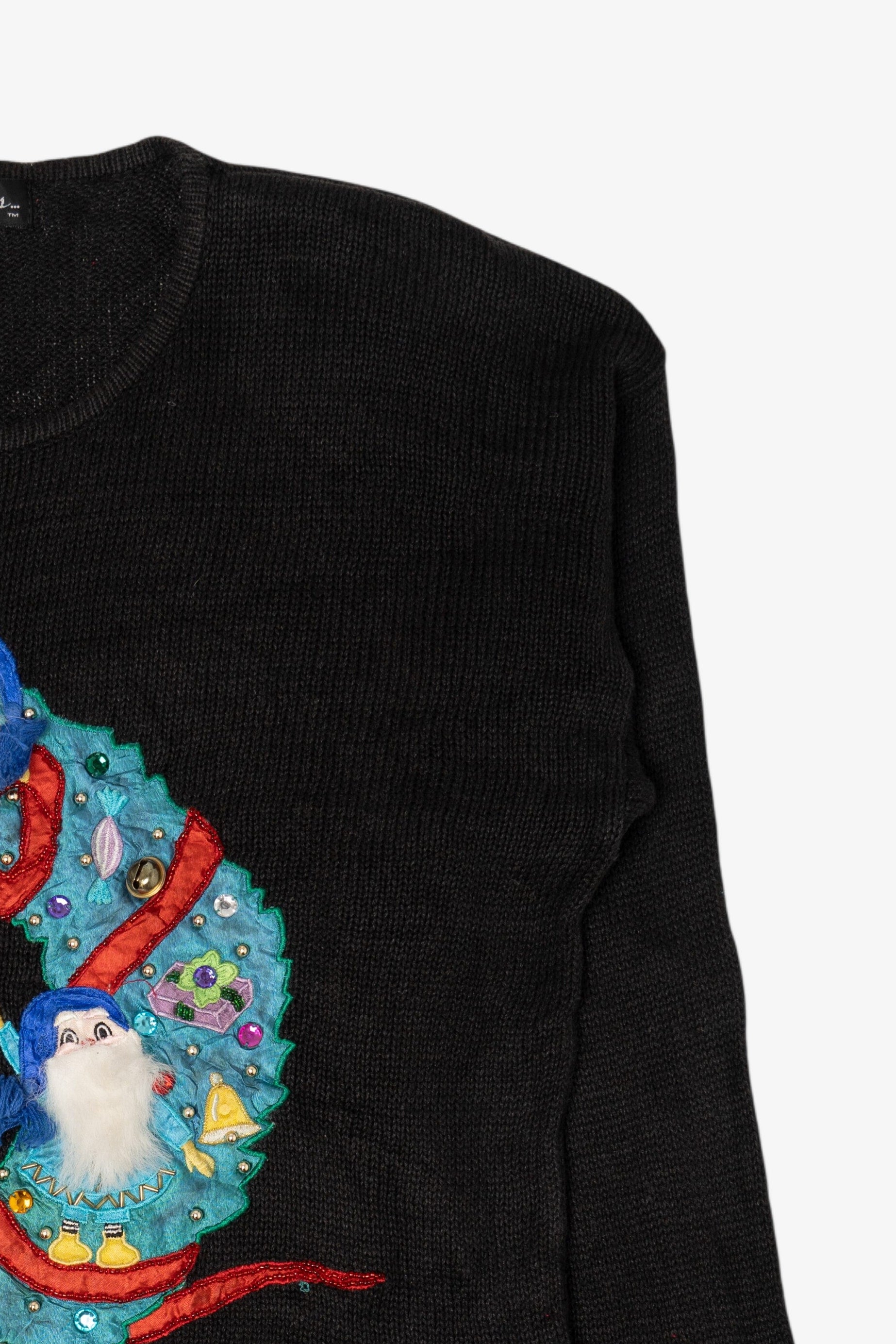 Vintage Black Work in Progress Elves In Wreath Ugly Christmas Pullover (2000s)