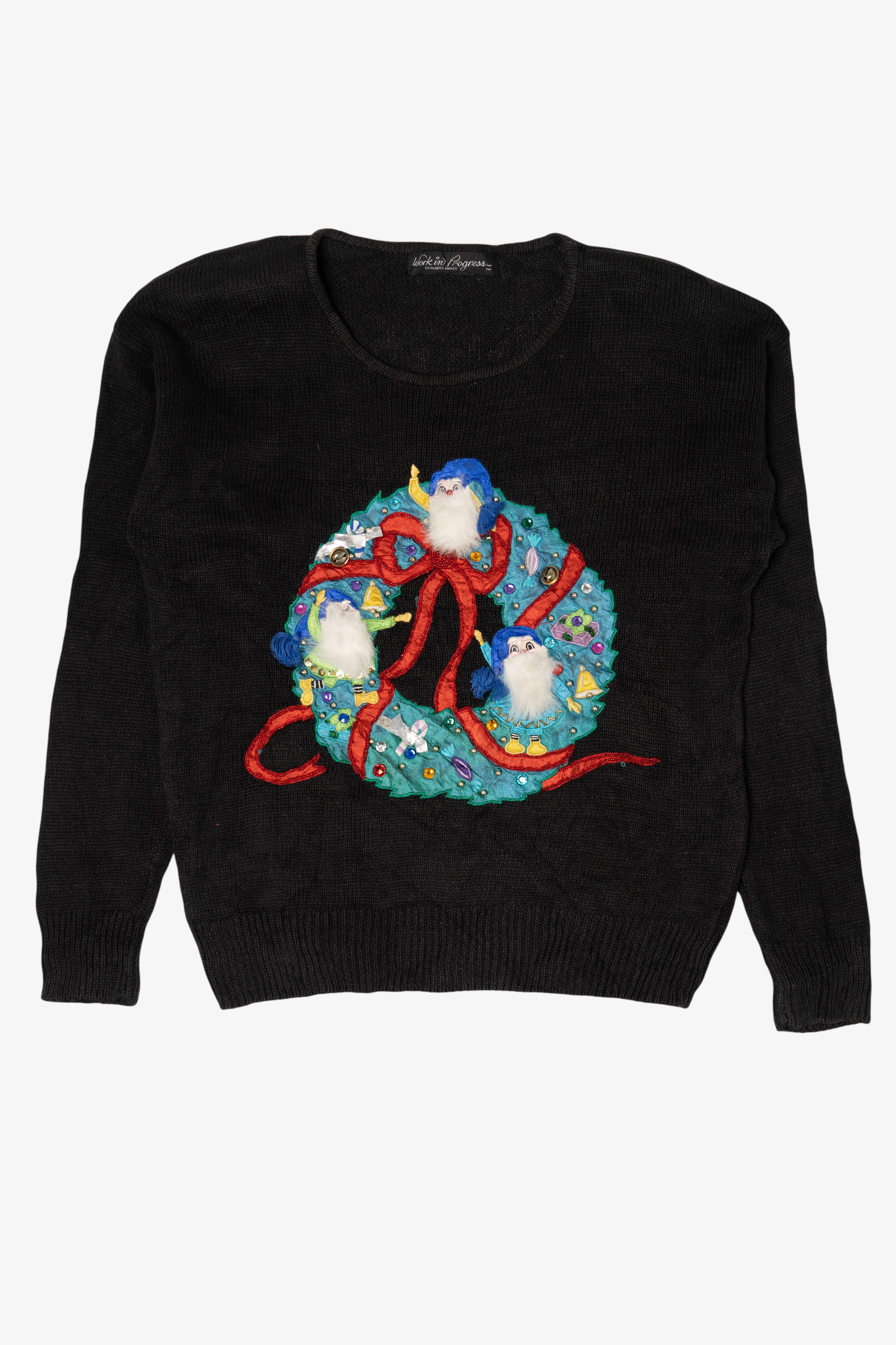 Vintage Black Work in Progress Elves In Wreath Ugly Christmas Pullover (2000s)