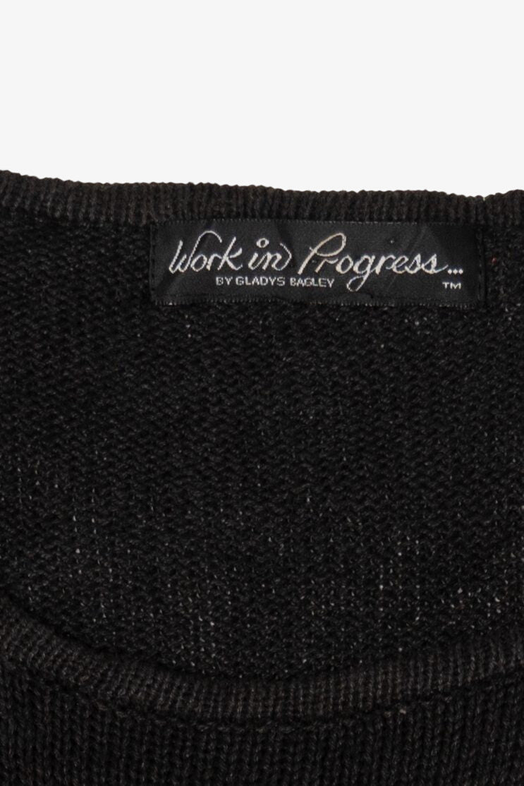 Vintage Black Work in Progress Elves In Wreath Ugly Christmas Pullover (2000s)