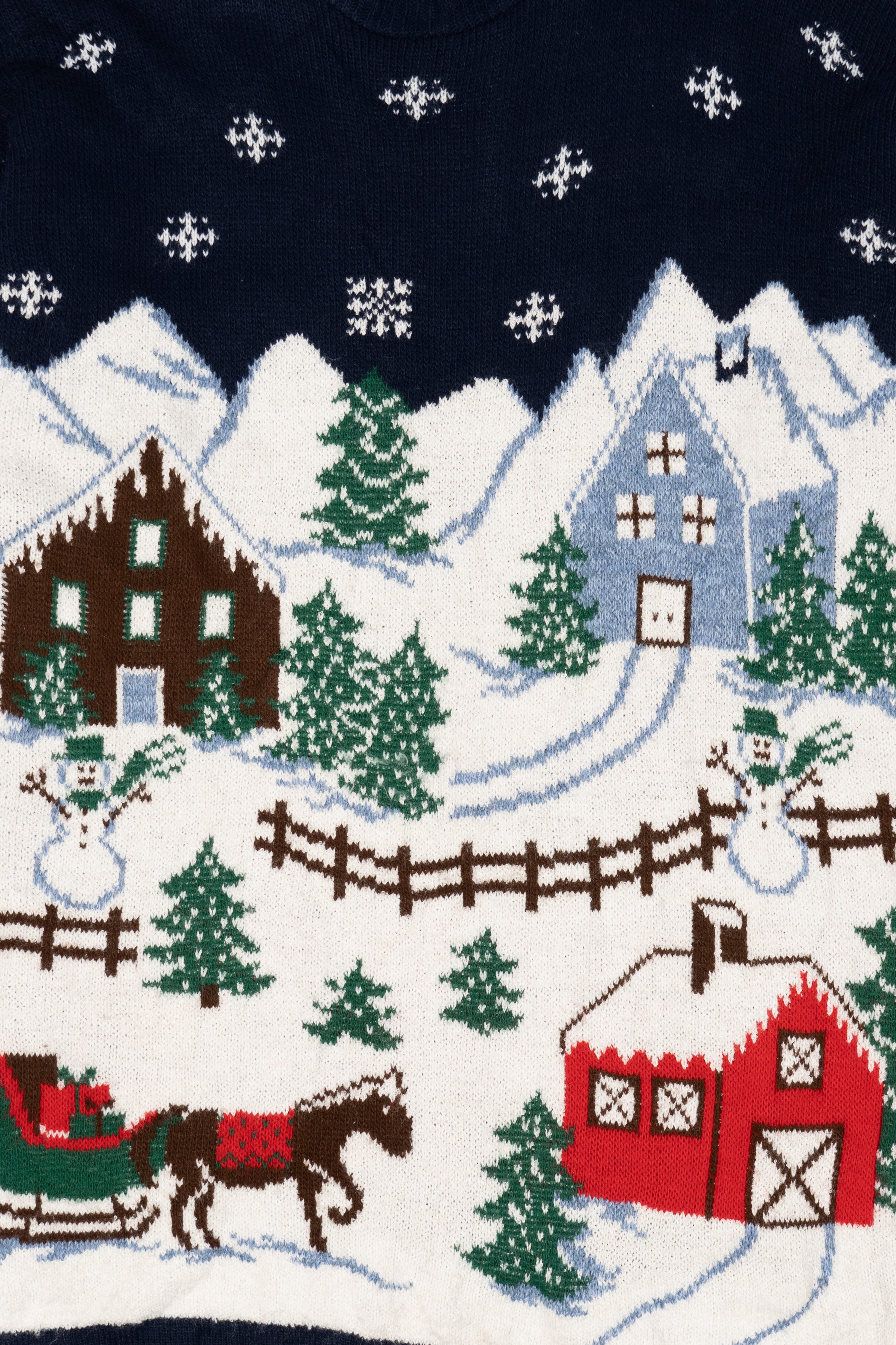 Vintage Navy Blue Nutcracker Winter Town Ugly Christmas Pullover (1980s)
