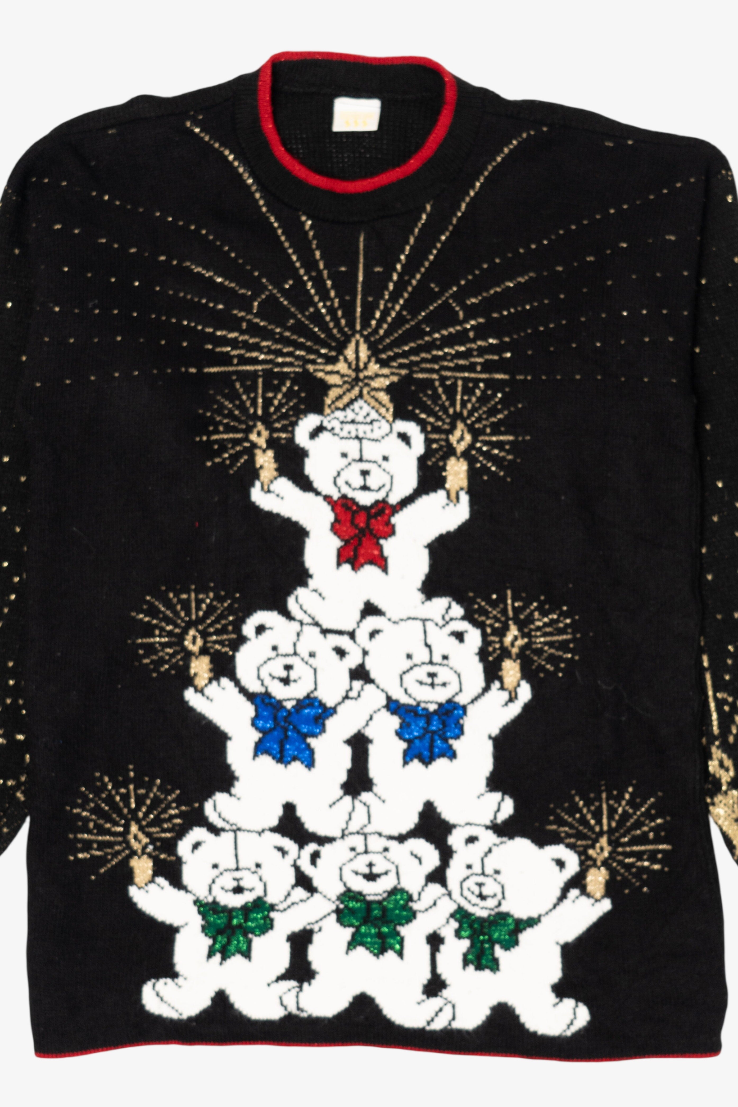 Vintage Black Holiday Time Teddy Bears Tree Ugly Christmas Pullover (1980s)