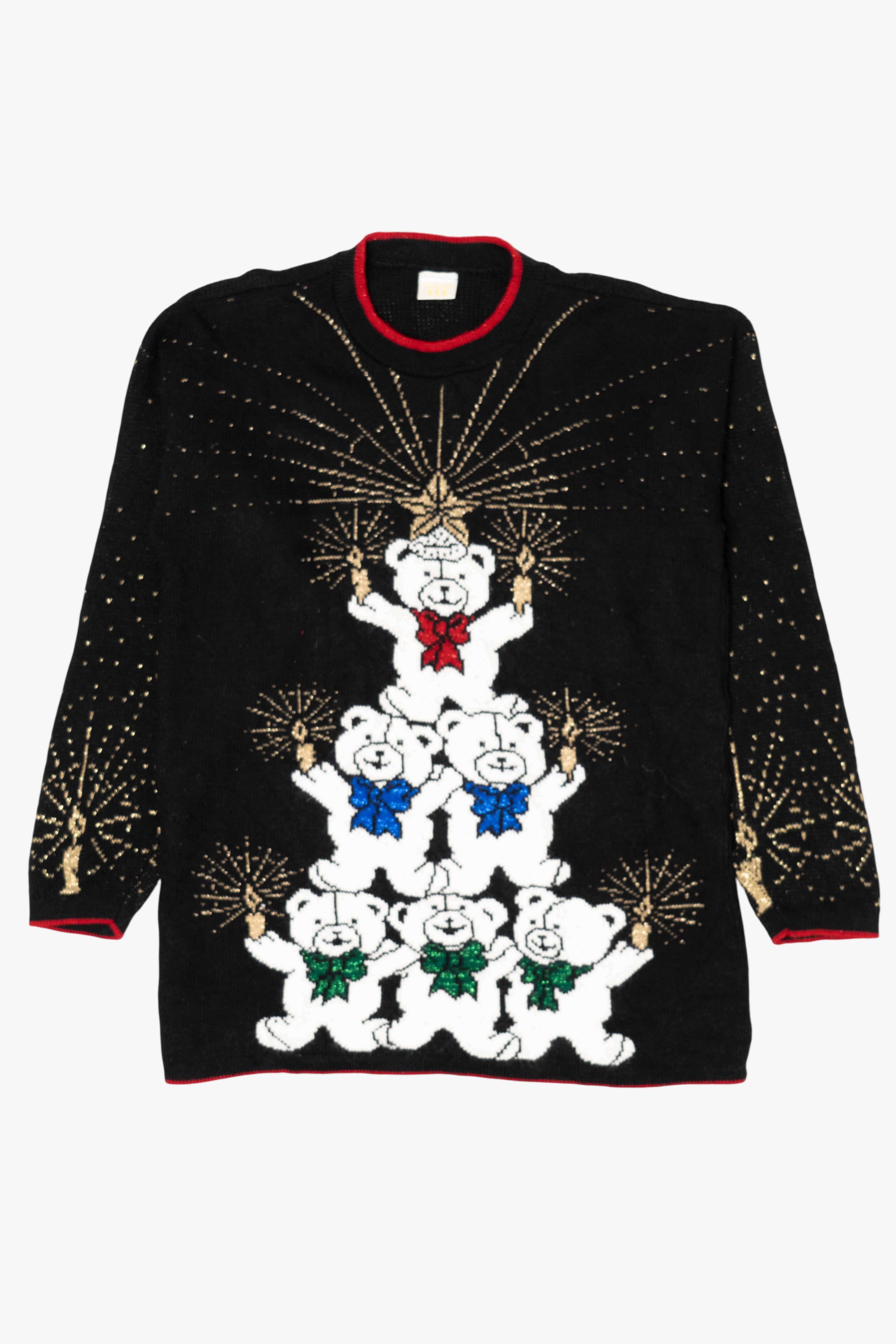 Vintage Black Holiday Time Teddy Bears Tree Ugly Christmas Pullover (1980s)