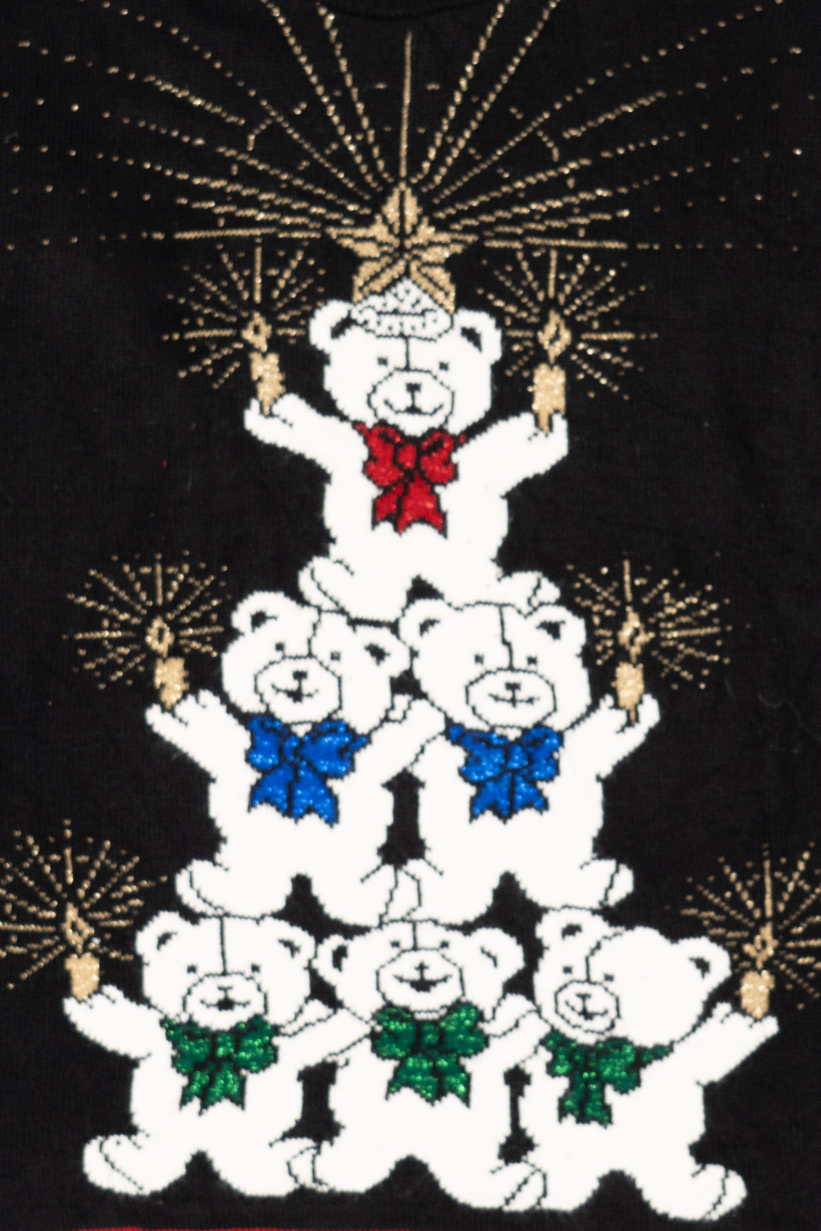 Vintage Black Holiday Time Teddy Bears Tree Ugly Christmas Pullover (1980s)