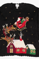 Vintage Black Carly St. Claire Santa Sleigh Flying Ugly Christmas Pullover (1990s)