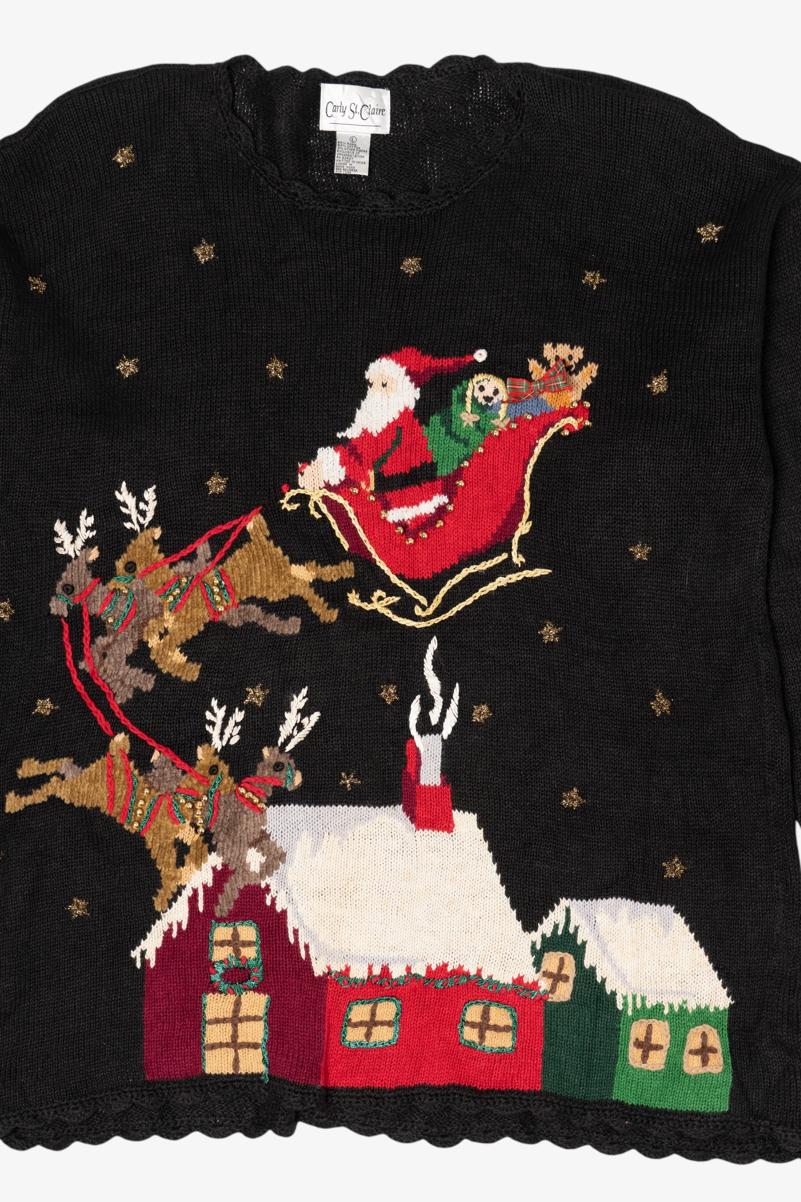 Vintage Black Carly St. Claire Santa Sleigh Flying Ugly Christmas Pullover (1990s)