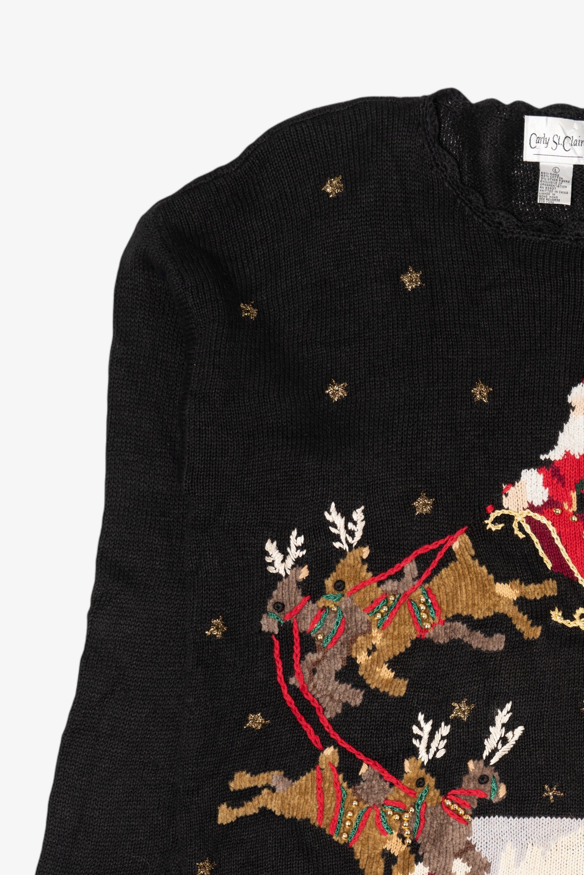 Vintage Black Carly St. Claire Santa Sleigh Flying Ugly Christmas Pullover (1990s)