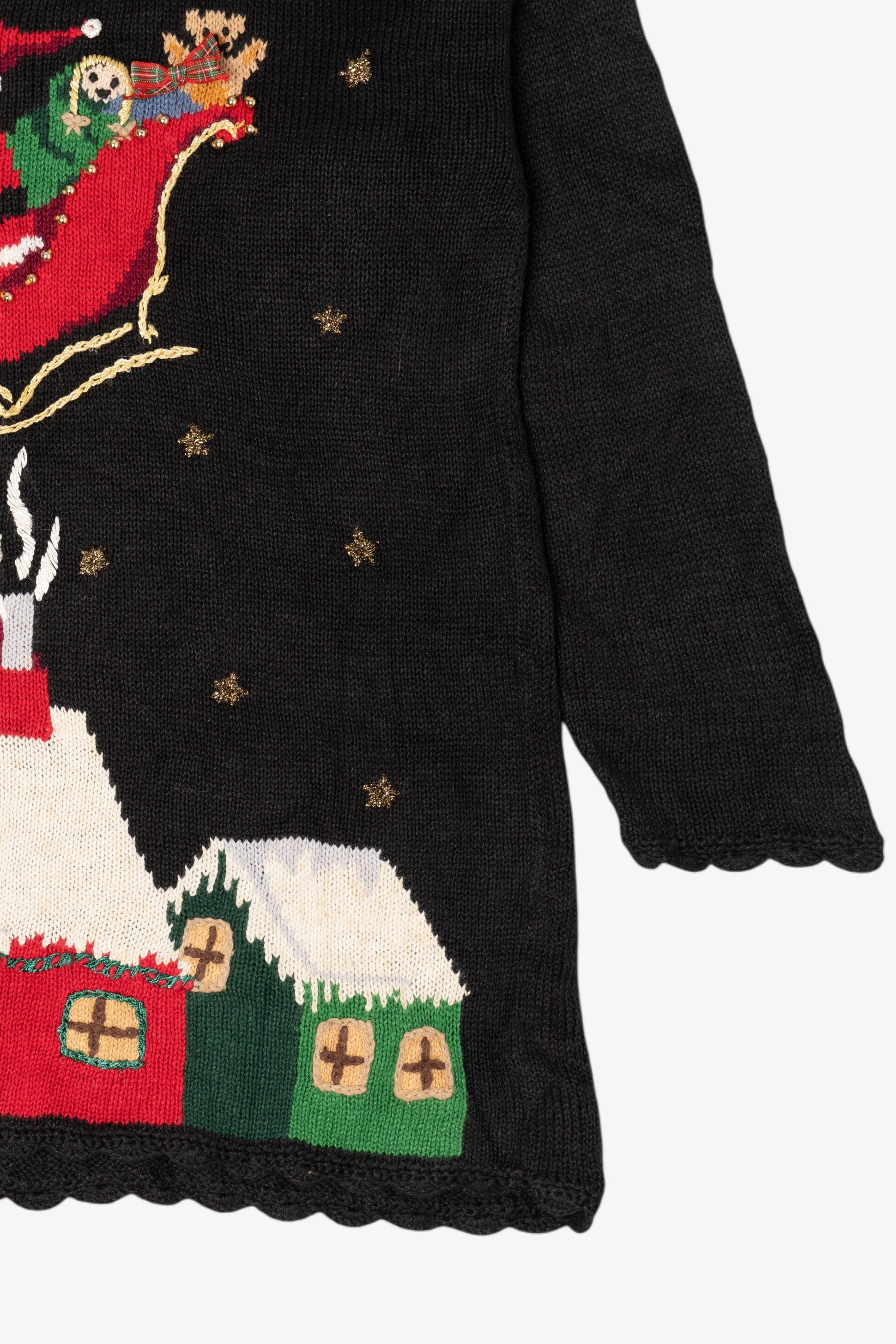 Vintage Black Carly St. Claire Santa Sleigh Flying Ugly Christmas Pullover (1990s)