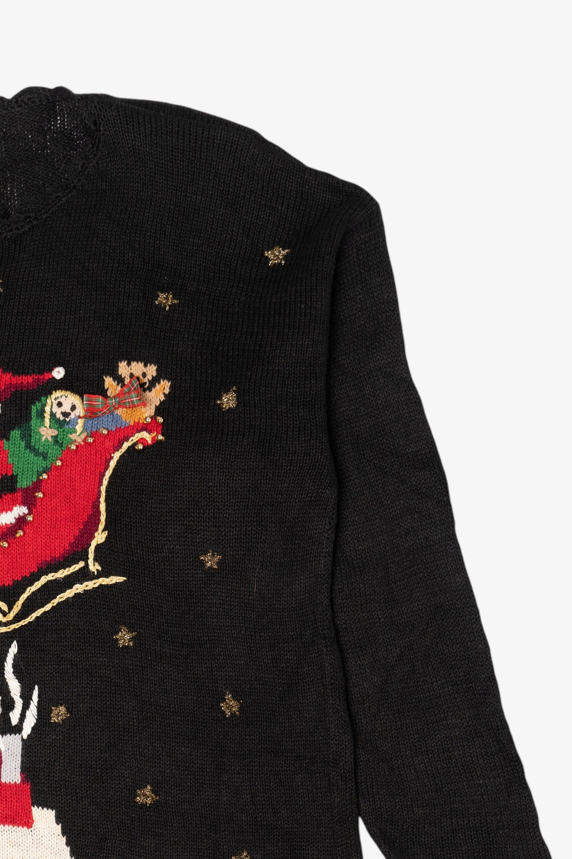Vintage Black Carly St. Claire Santa Sleigh Flying Ugly Christmas Pullover (1990s)