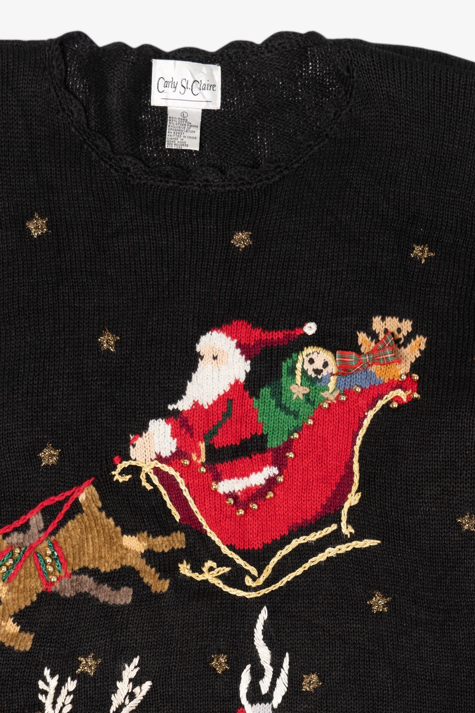 Vintage Black Carly St. Claire Santa Sleigh Flying Ugly Christmas Pullover (1990s)