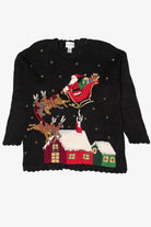 Vintage Black Carly St. Claire Santa Sleigh Flying Ugly Christmas Pullover (1990s)