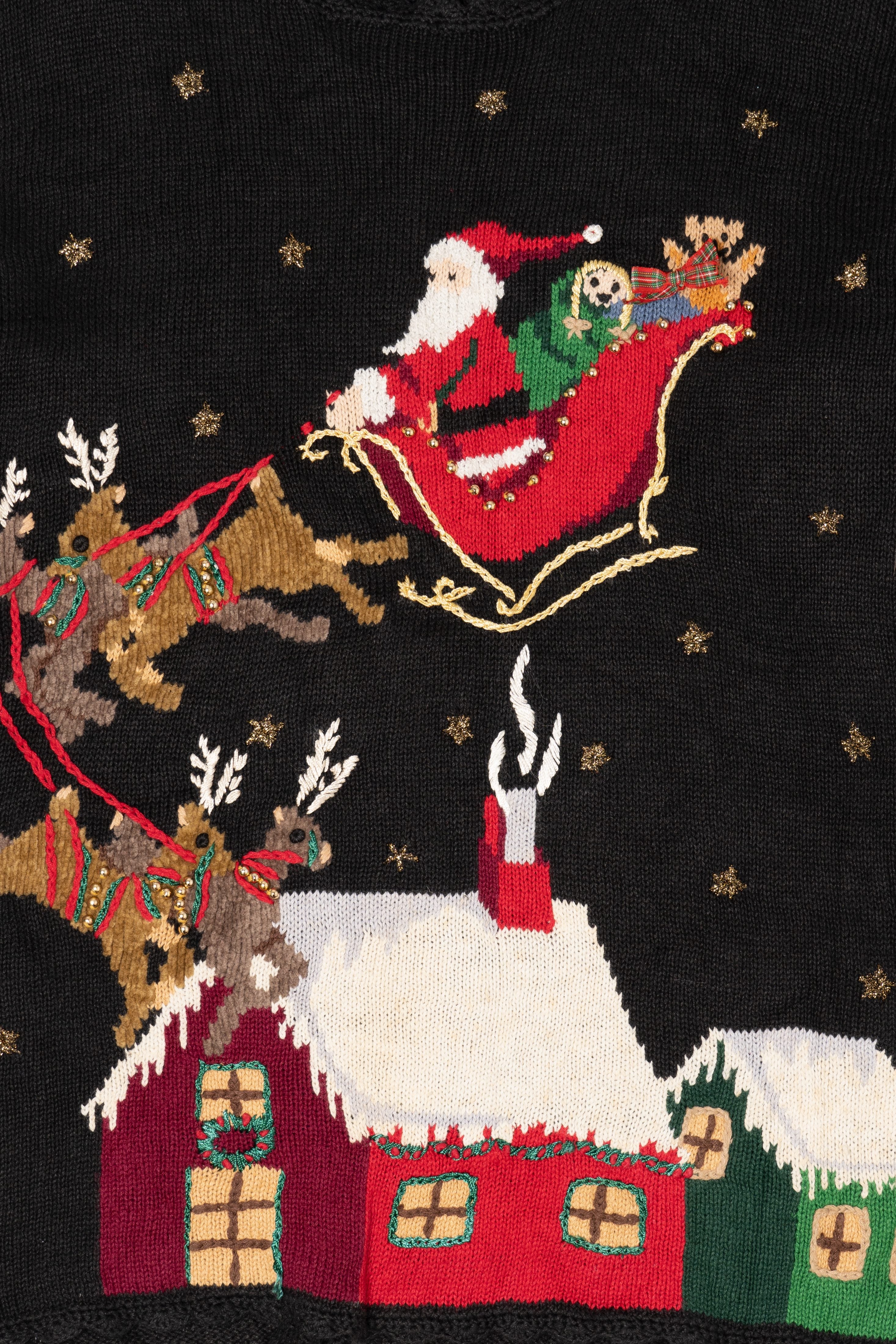 Vintage Black Carly St. Claire Santa Sleigh Flying Ugly Christmas Pullover (1990s)