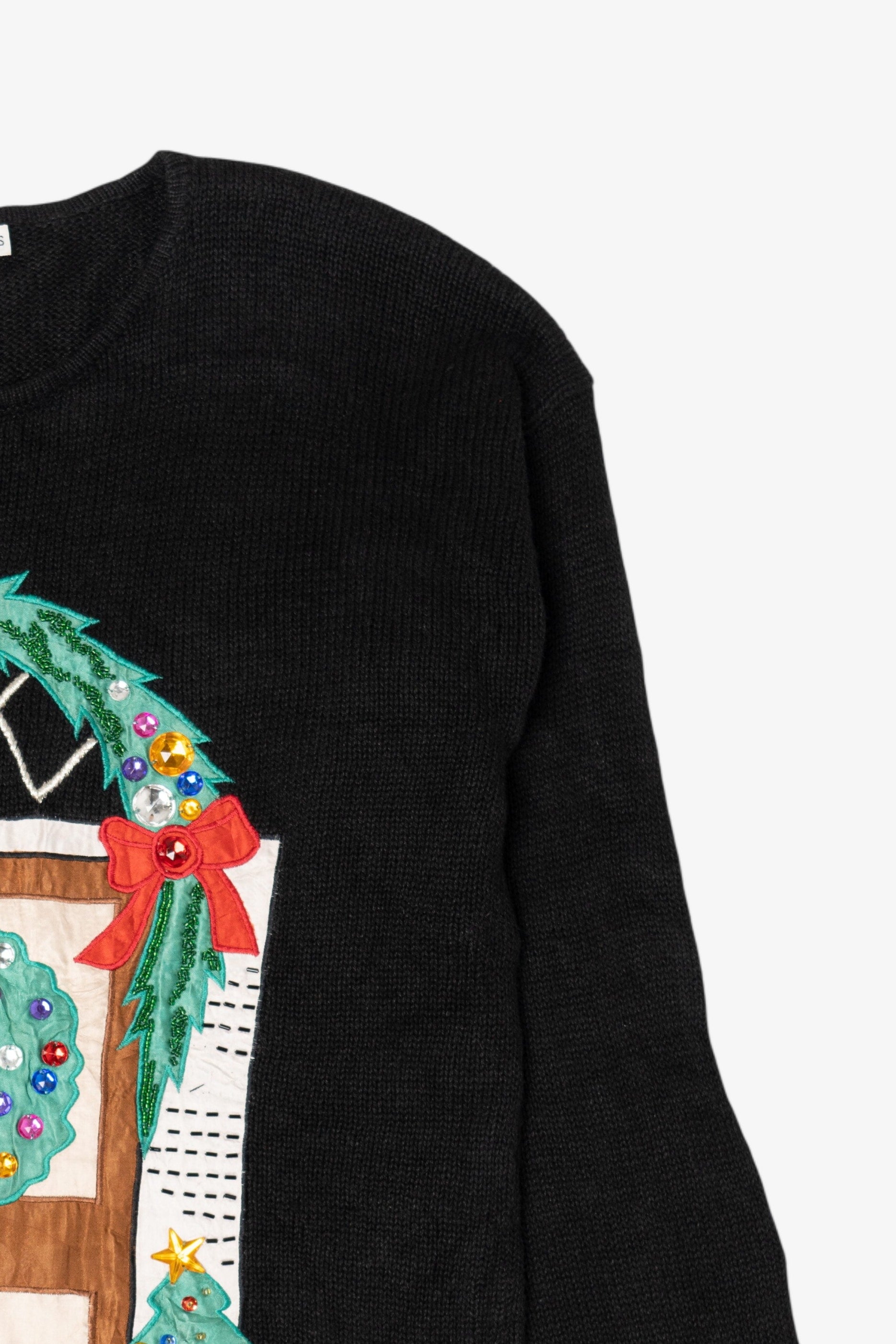 Vintage Black Paris Smith Cat In Front Of Door Ugly Christmas Pullover (1990s)