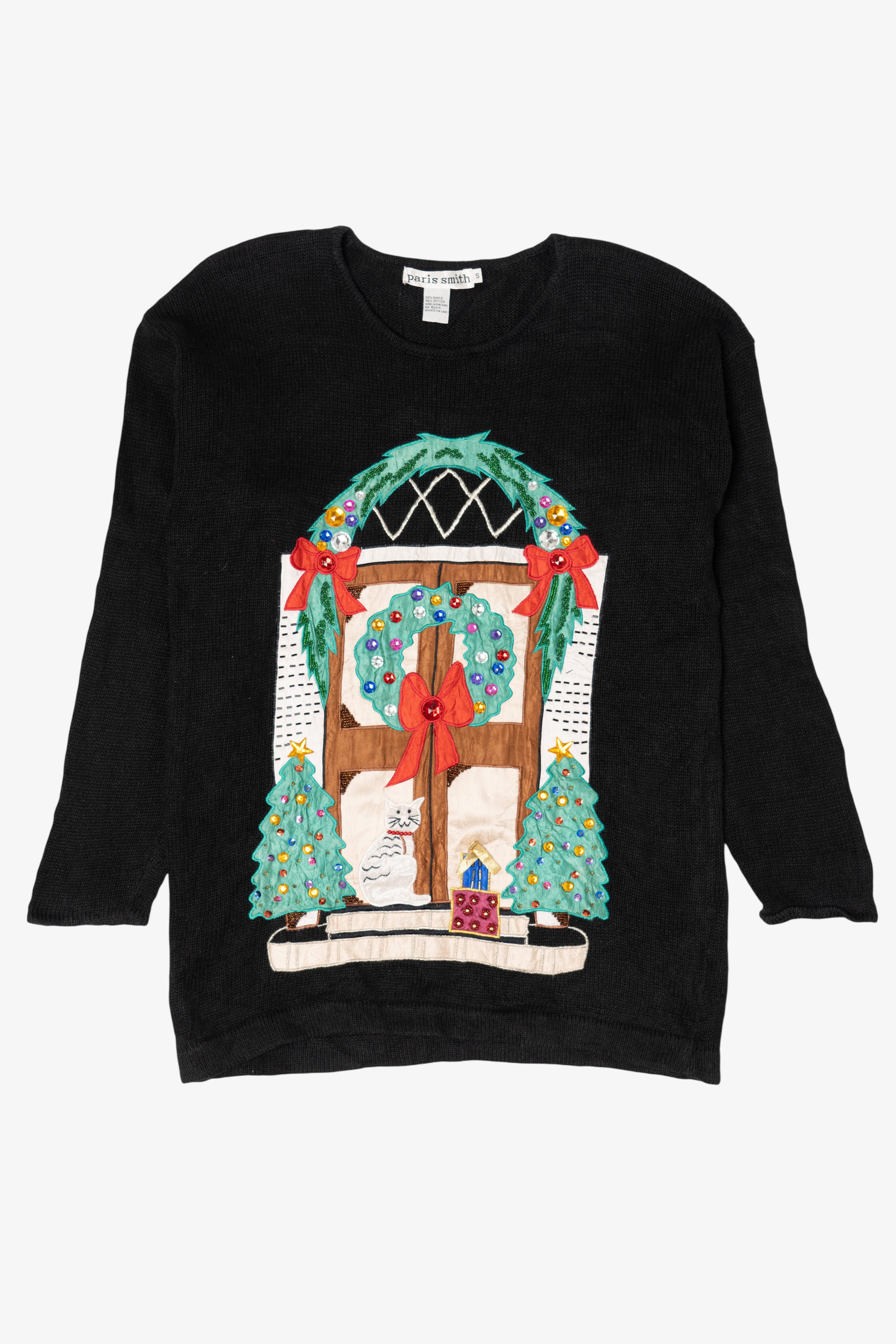 Vintage Black Paris Smith Cat In Front Of Door Ugly Christmas Pullover (1990s)