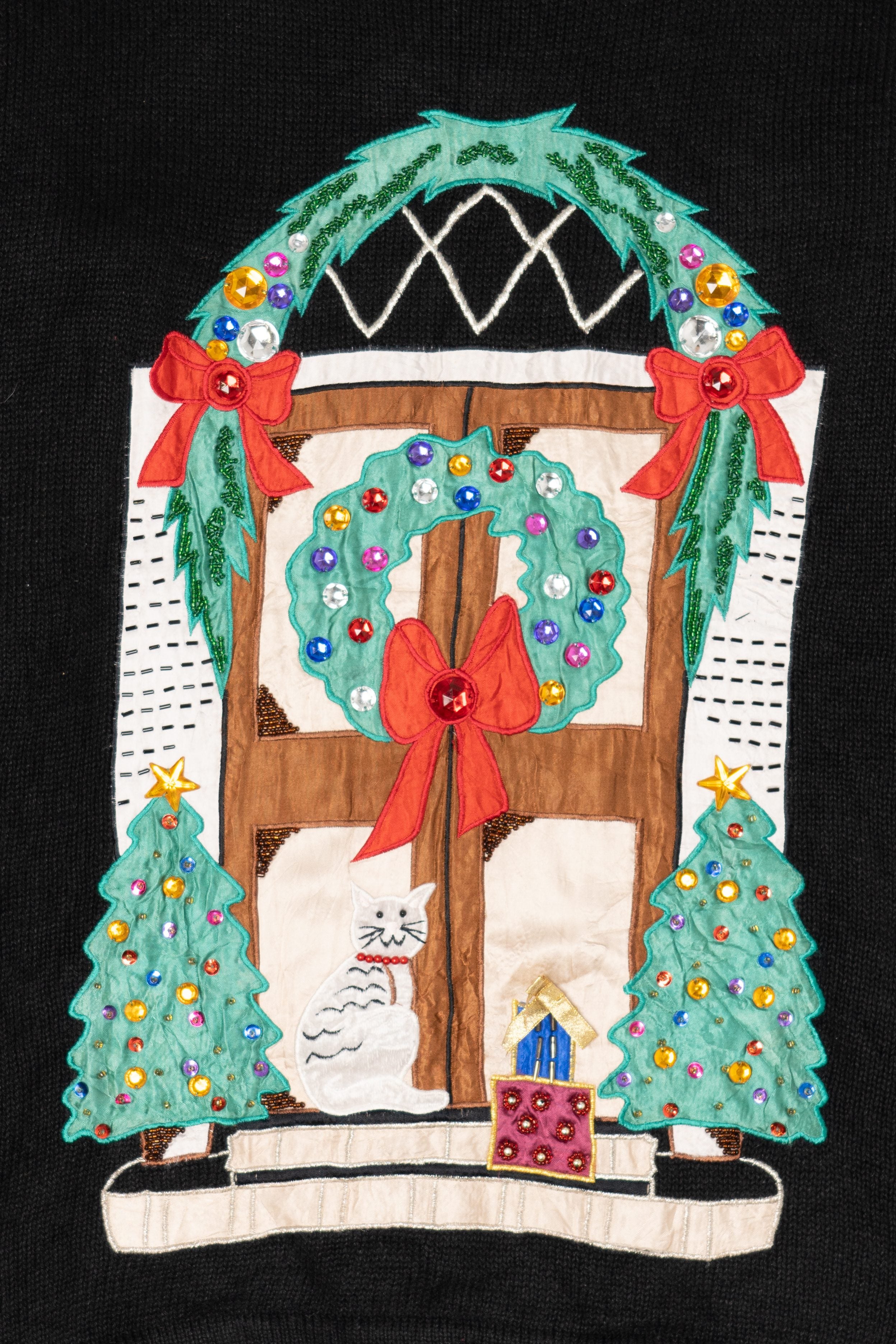 Vintage Black Paris Smith Cat In Front Of Door Ugly Christmas Pullover (1990s)