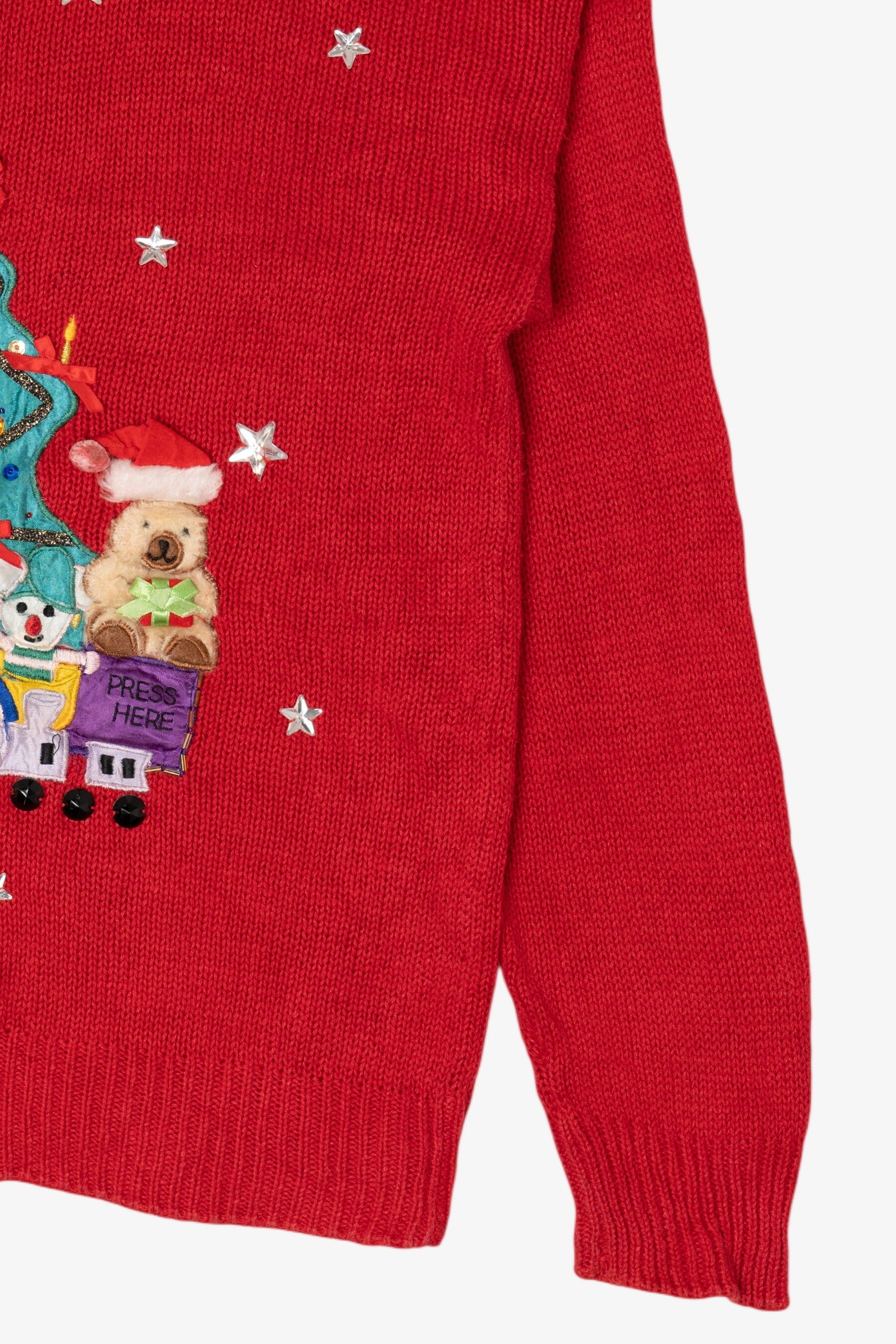 Vintage Red Work in Progress Toys Under Tree Ugly Christmas Pullover (2000s)
