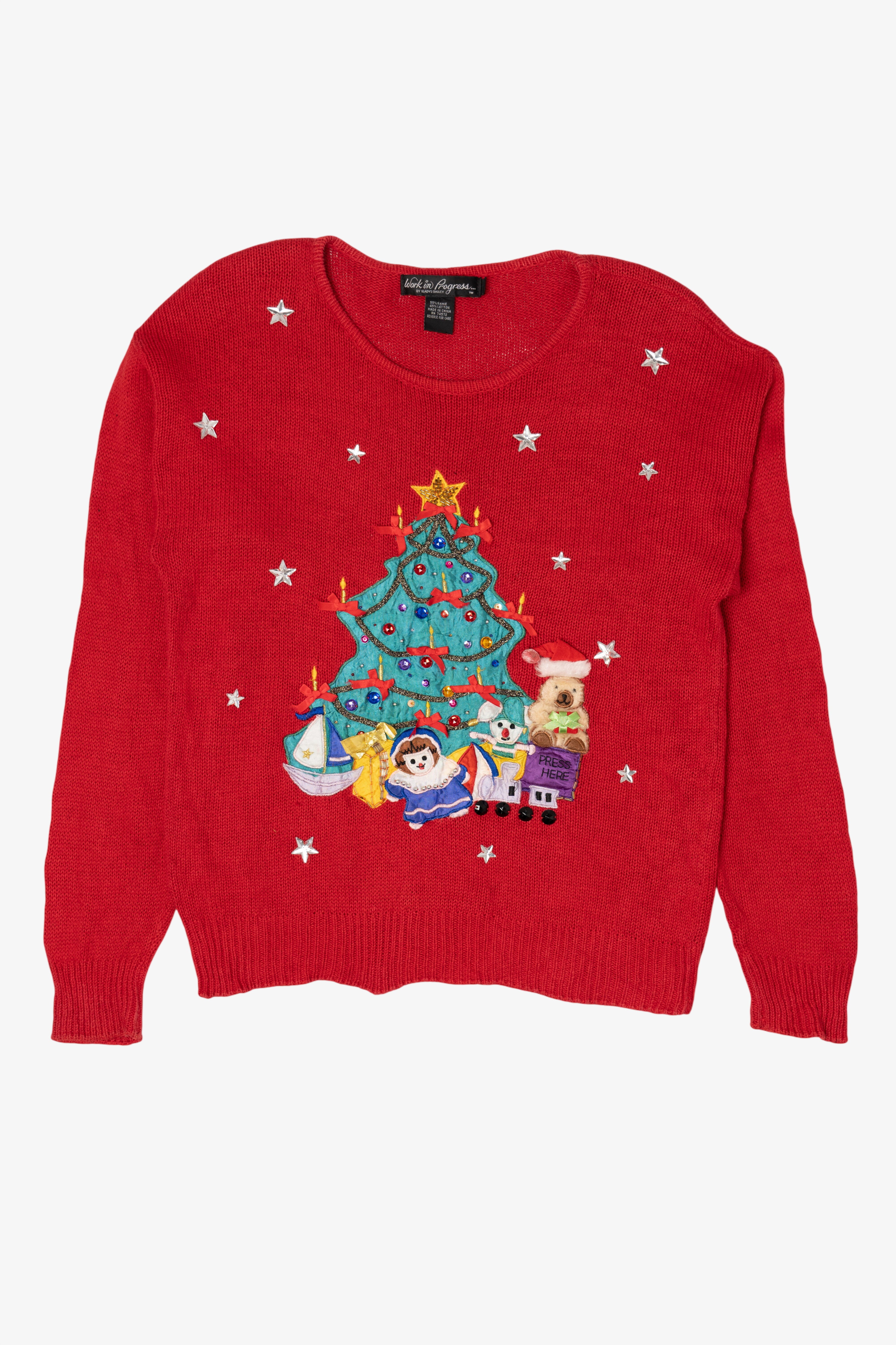 Vintage Red Work in Progress Toys Under Tree Ugly Christmas Pullover (2000s)